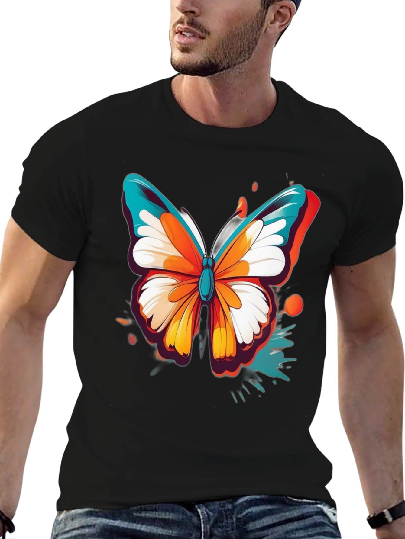 Vibrant Butterfly Graphic Black T-Shirt