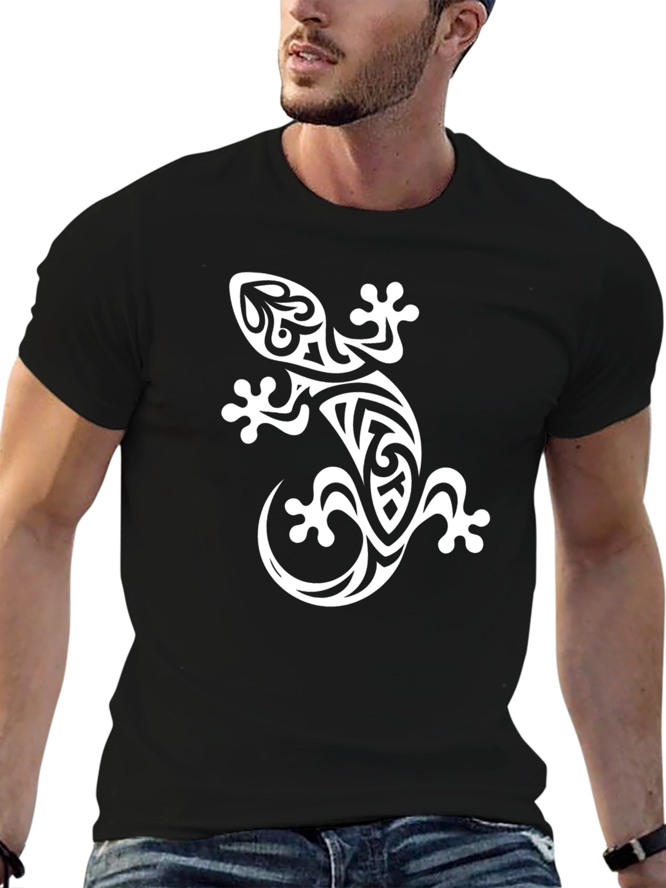 Tribal Gecko Graphic Print Black T-Shirt