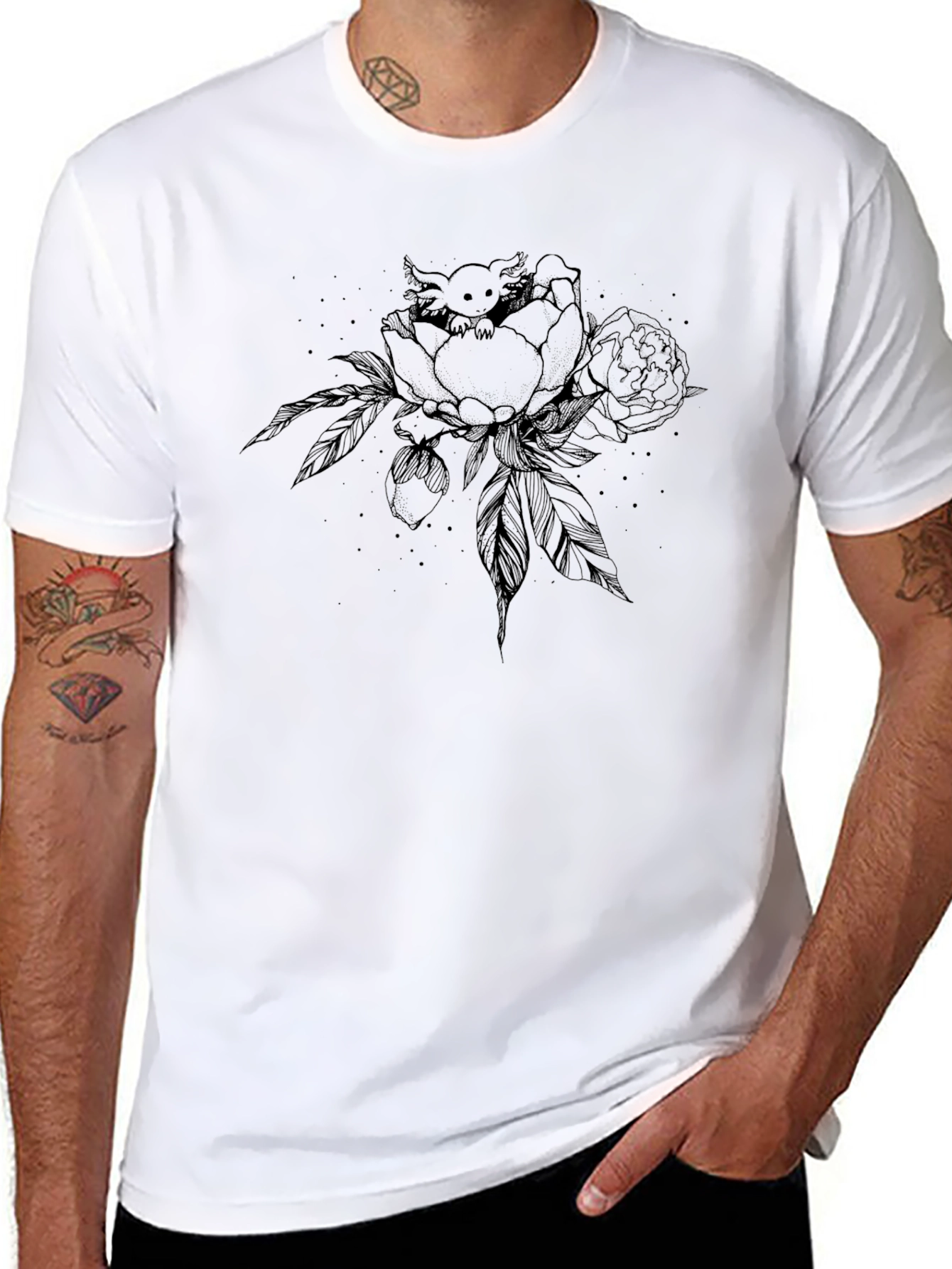 Axolotl in Peony T-Shirt - Black Graphic Tee