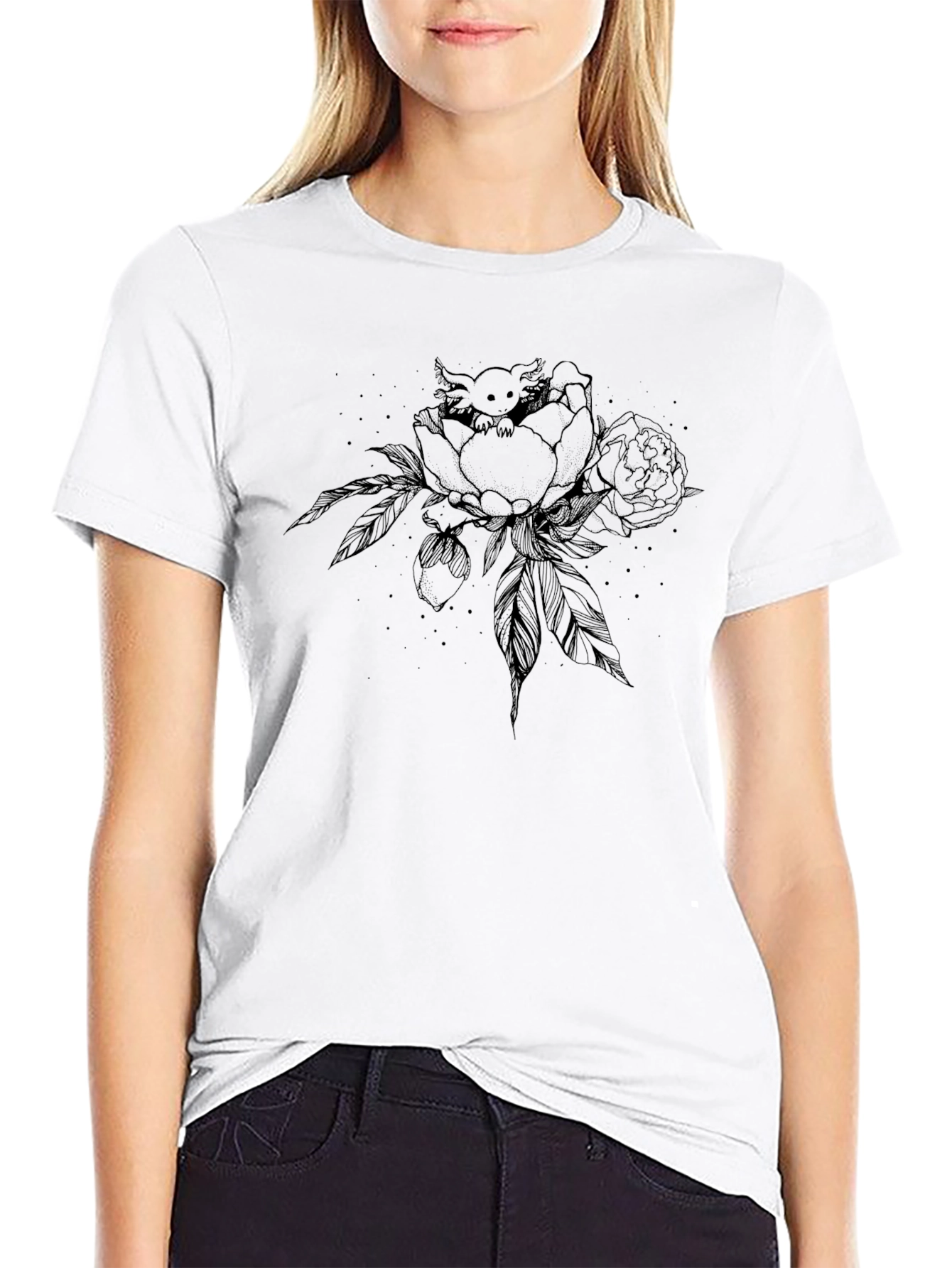 Axolotl in Peony T-Shirt - Black Graphic Tee