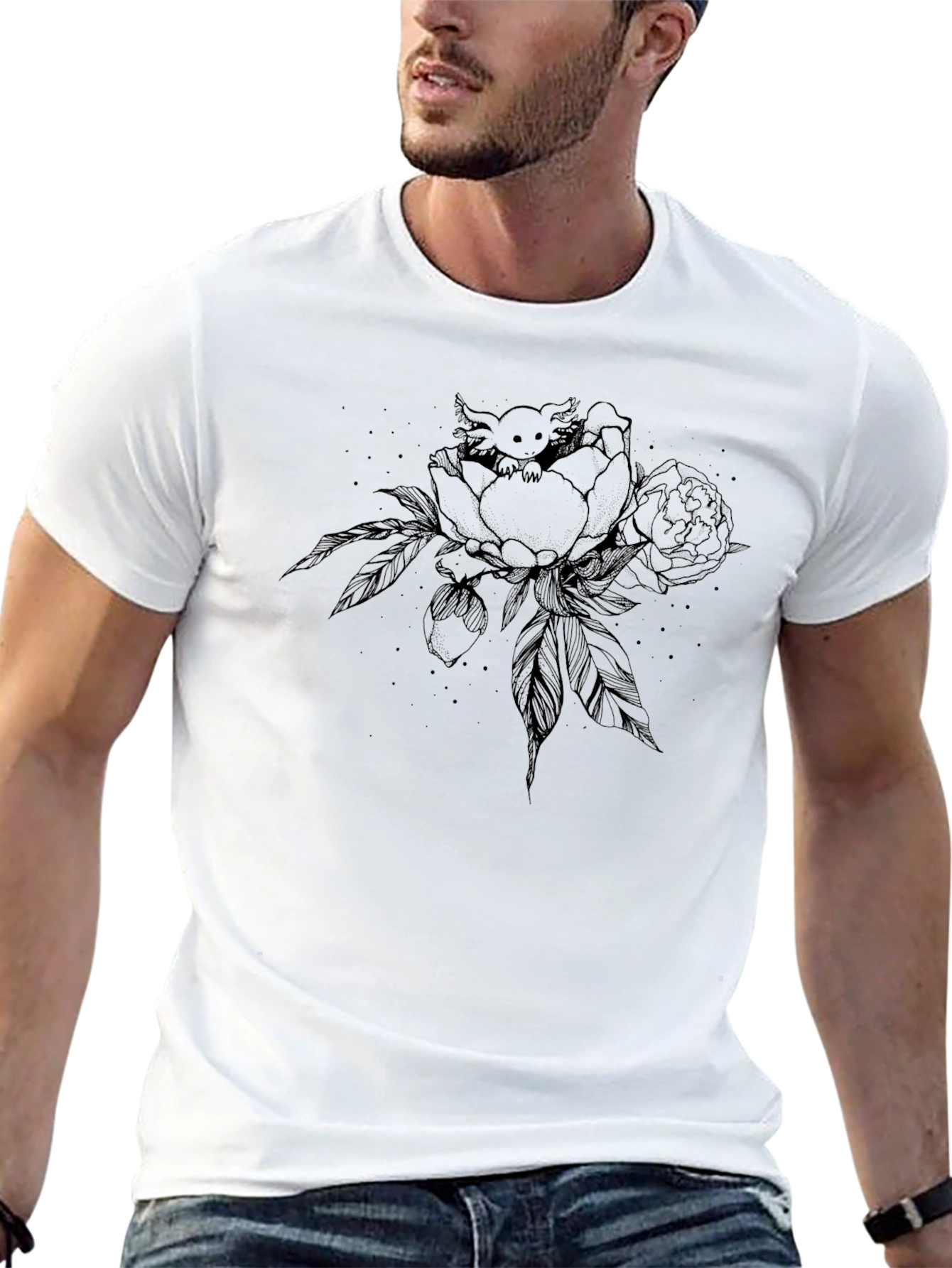 Axolotl in Peony T-Shirt - Black Graphic Tee