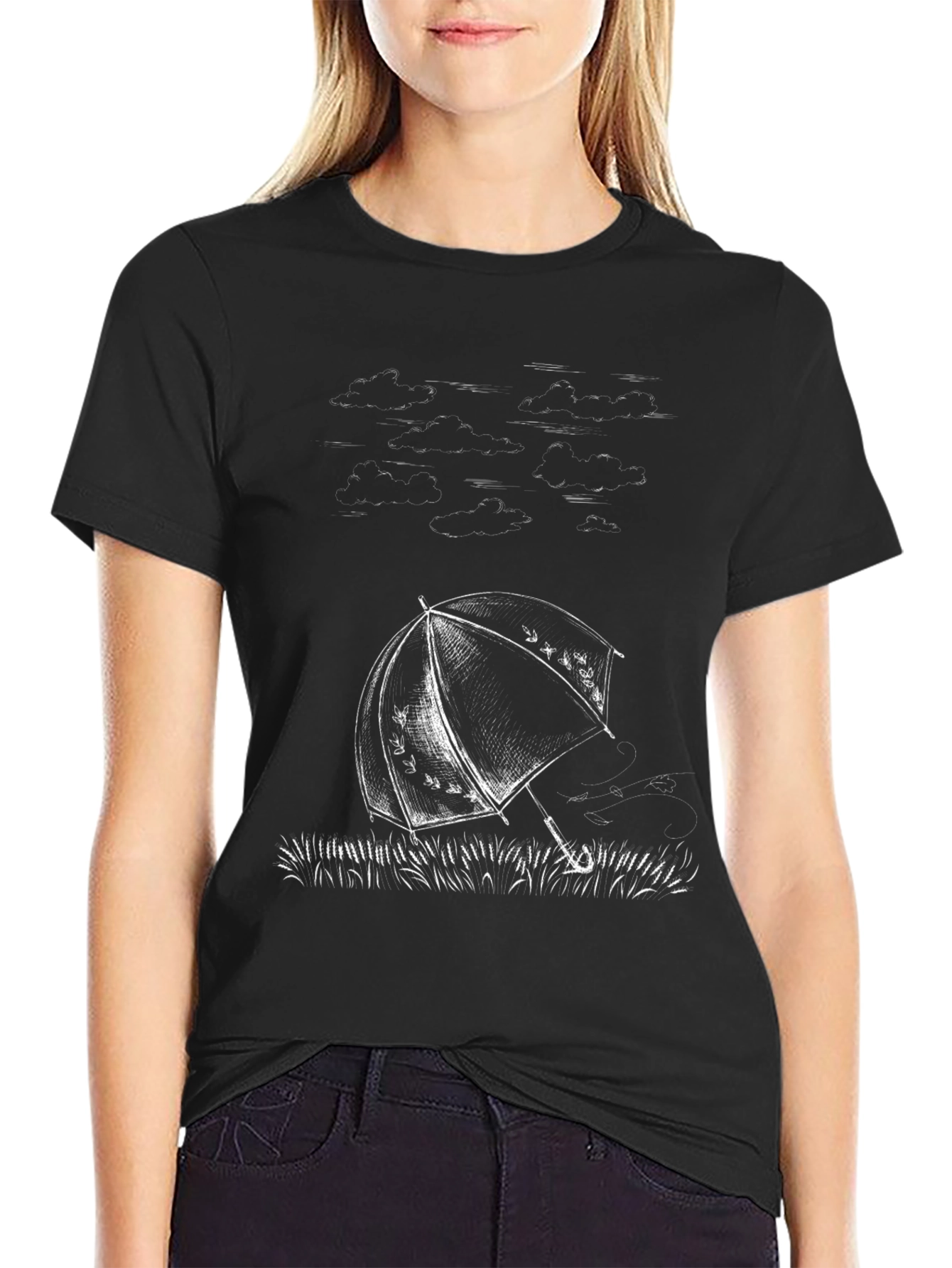 Umbrella Sketch Graphic Tee - Stylish Black Cotton T-Shirt