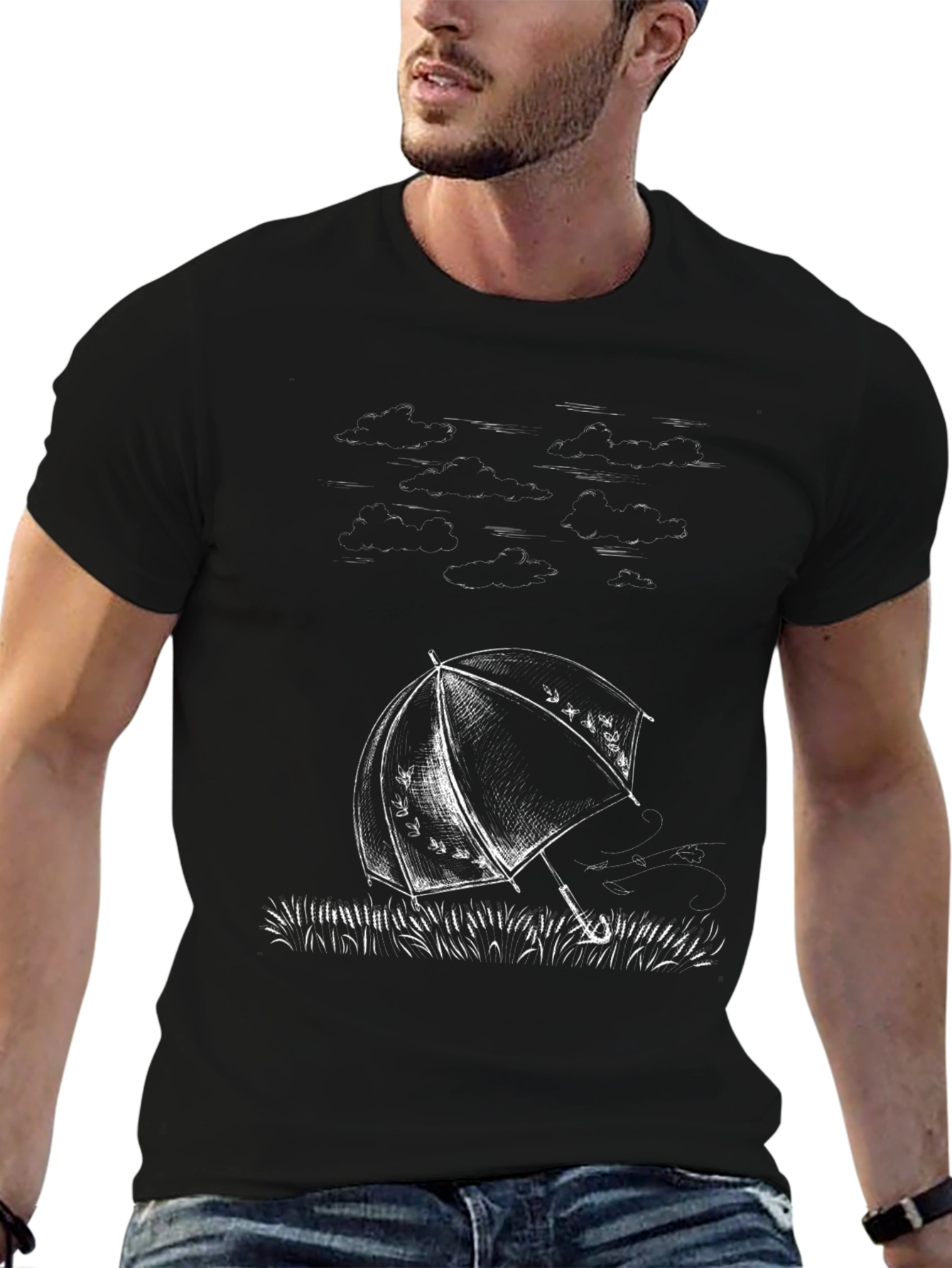 Umbrella Sketch Graphic Tee - Stylish Black Cotton T-Shirt