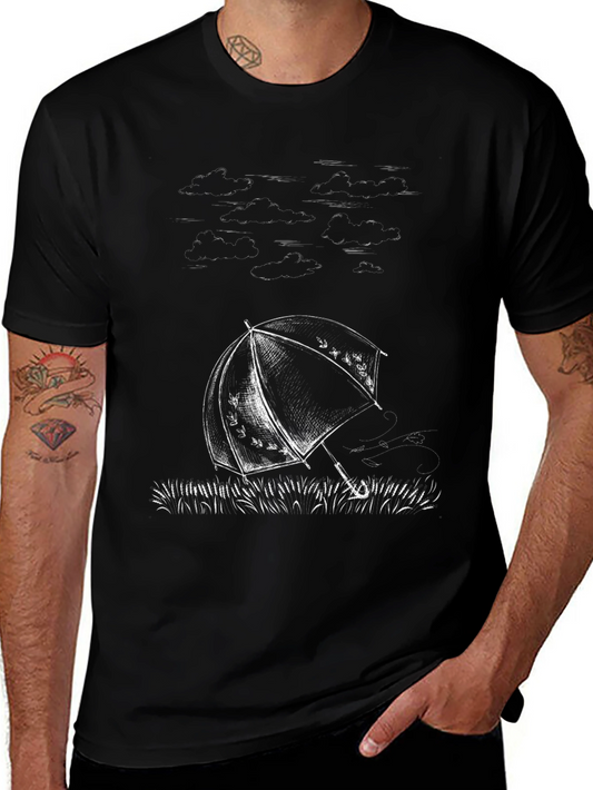 Umbrella Sketch Graphic Tee - Stylish Black Cotton T-Shirt