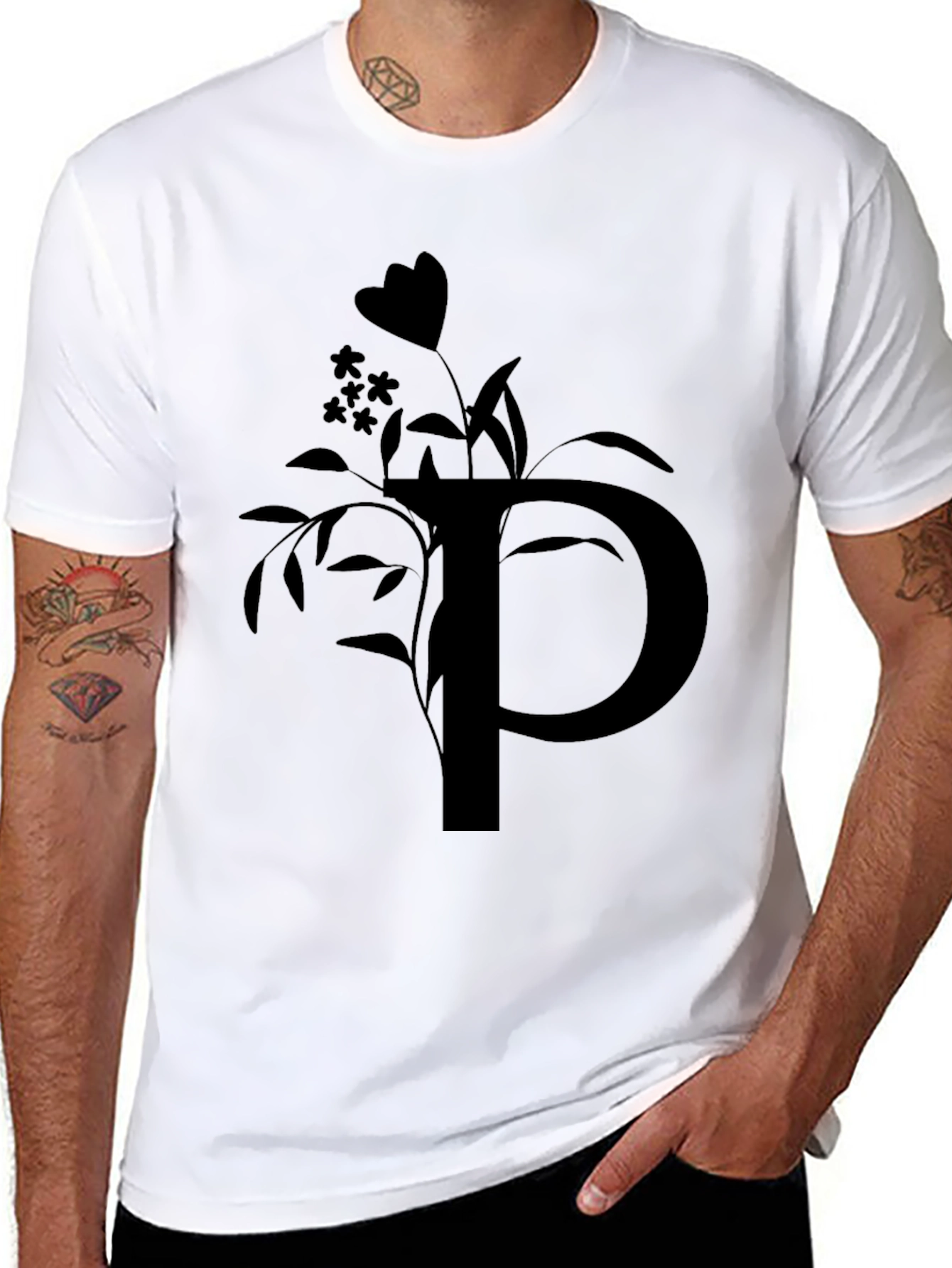 Black T-Shirt with Floral P Initial