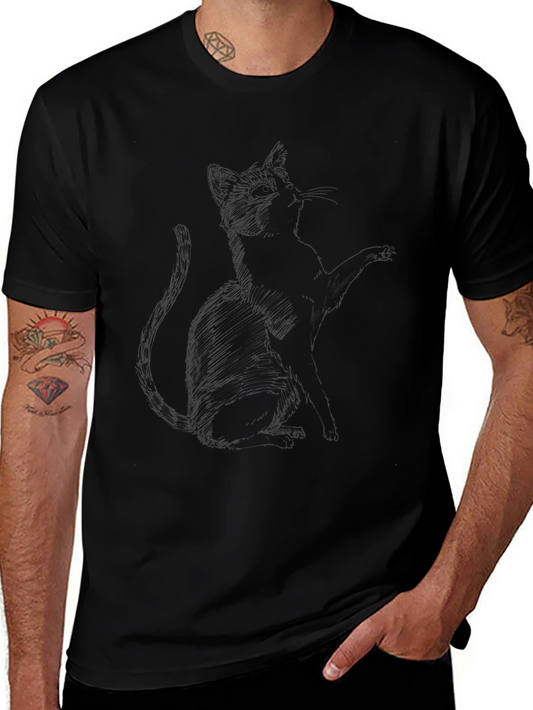 Black Cat Sketch Graphic Tee - Soft Cotton Comfort
