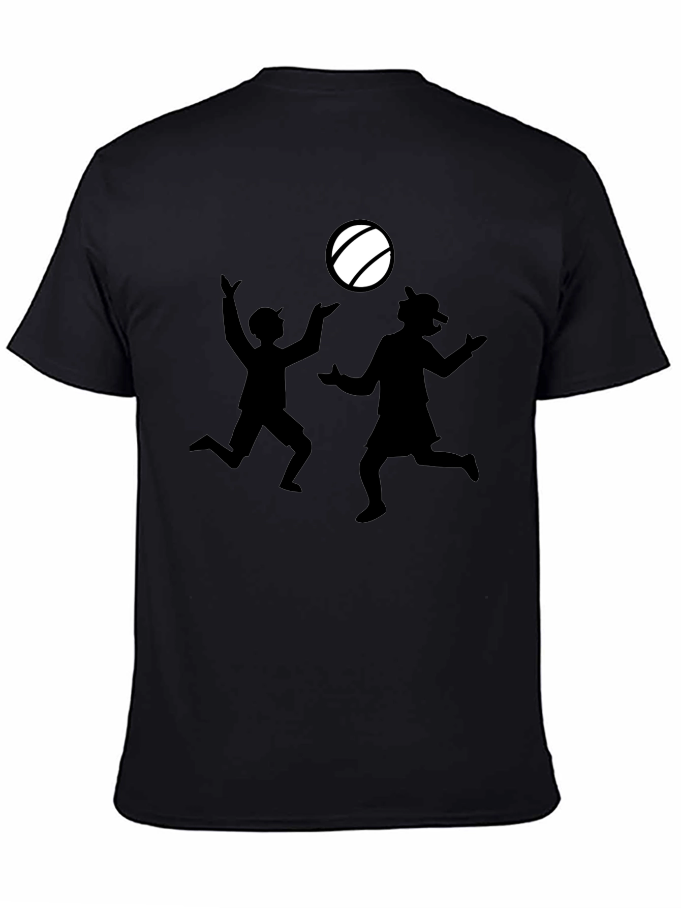 Black T-Shirt with Silhouette Kids Playing Catch