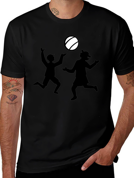 Black T-Shirt with Silhouette Kids Playing Catch