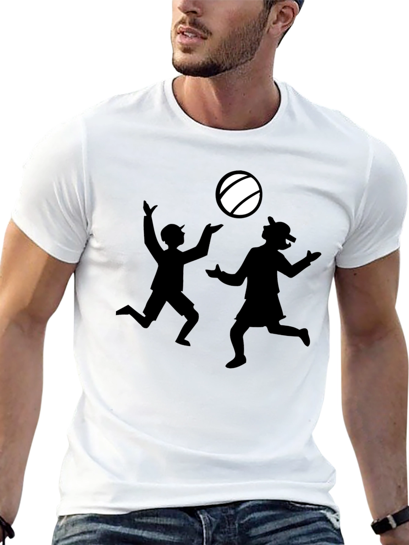 Black T-Shirt with Silhouette Kids Playing Catch