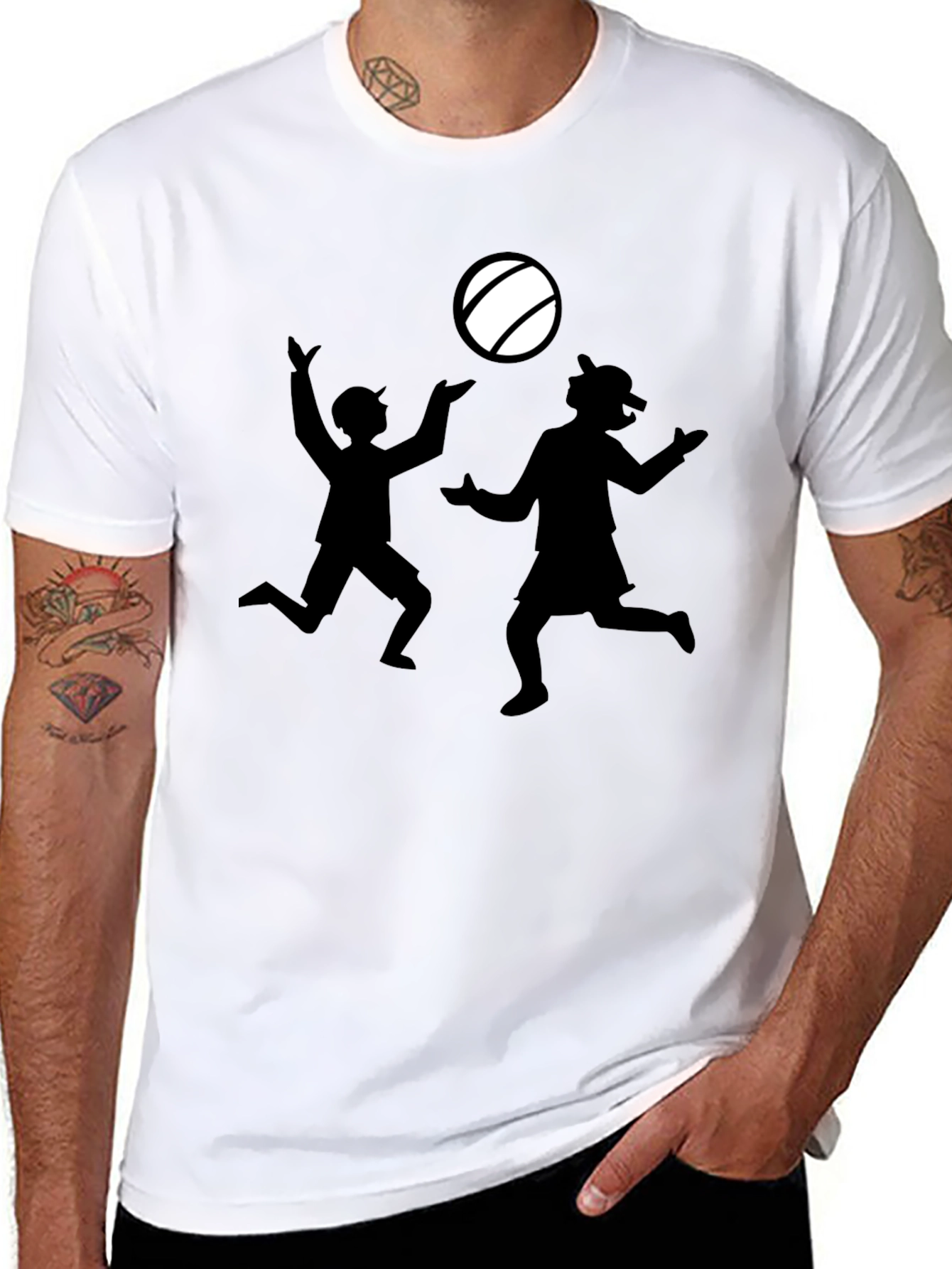 Black T-Shirt with Silhouette Kids Playing Catch
