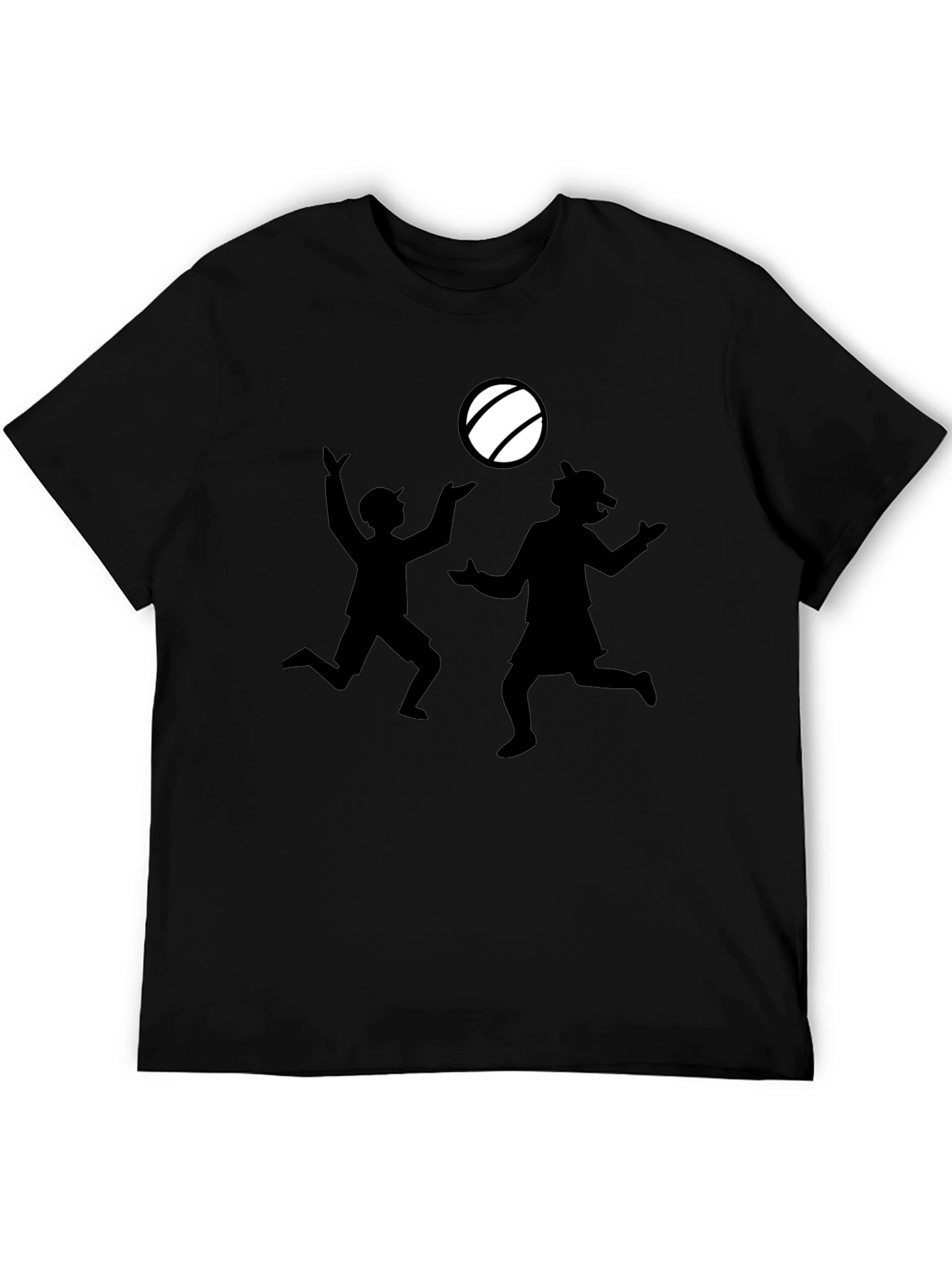 Black T-Shirt with Silhouette Kids Playing Catch