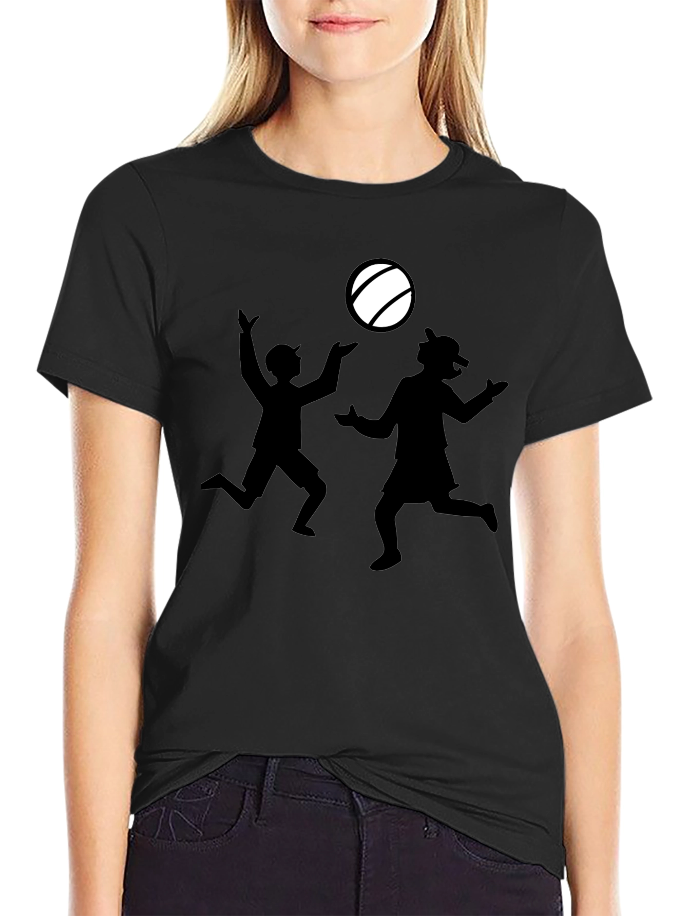 Black T-Shirt with Silhouette Kids Playing Catch