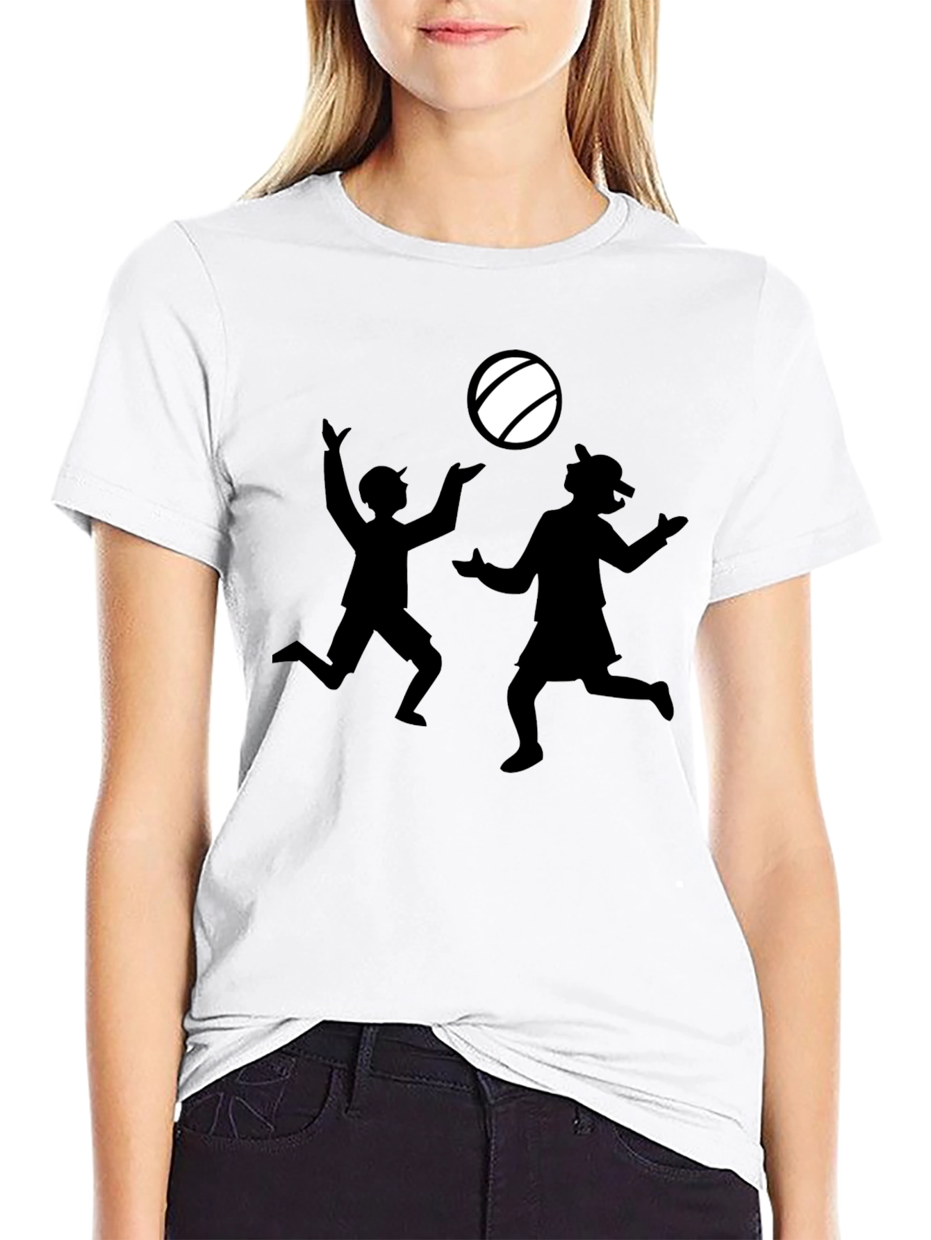 Black T-Shirt with Silhouette Kids Playing Catch