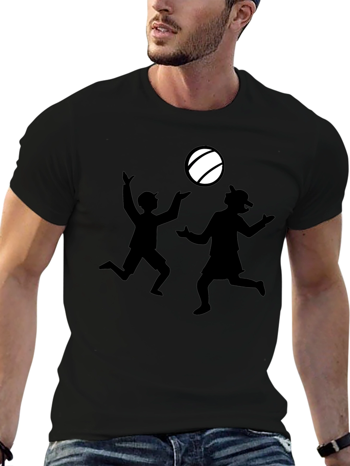 Black T-Shirt with Silhouette Kids Playing Catch