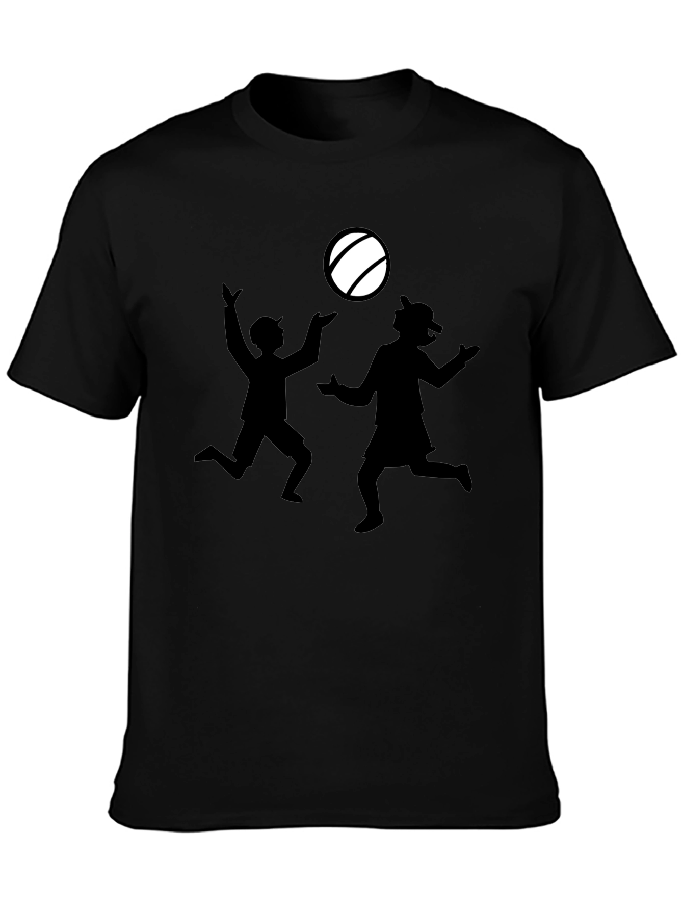 Black T-Shirt with Silhouette Kids Playing Catch