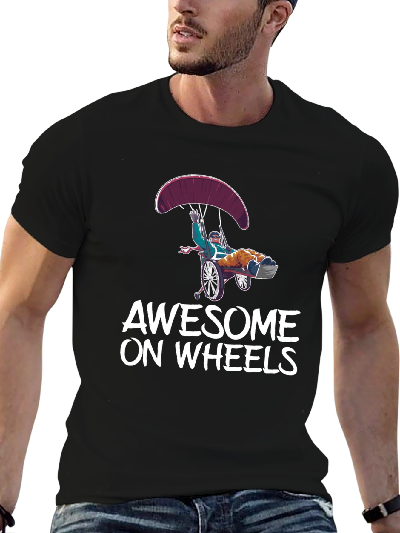 Awesome on Wheels Graphic Tee - Skydiving Wheelchair Design