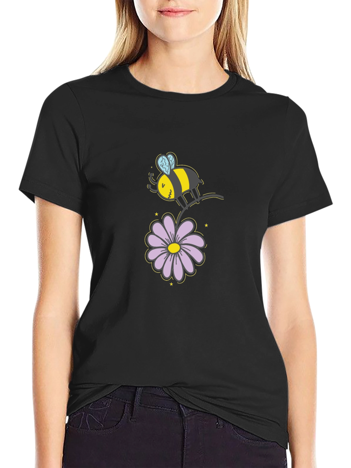 Bee and Flower Graphic T-Shirt - Black