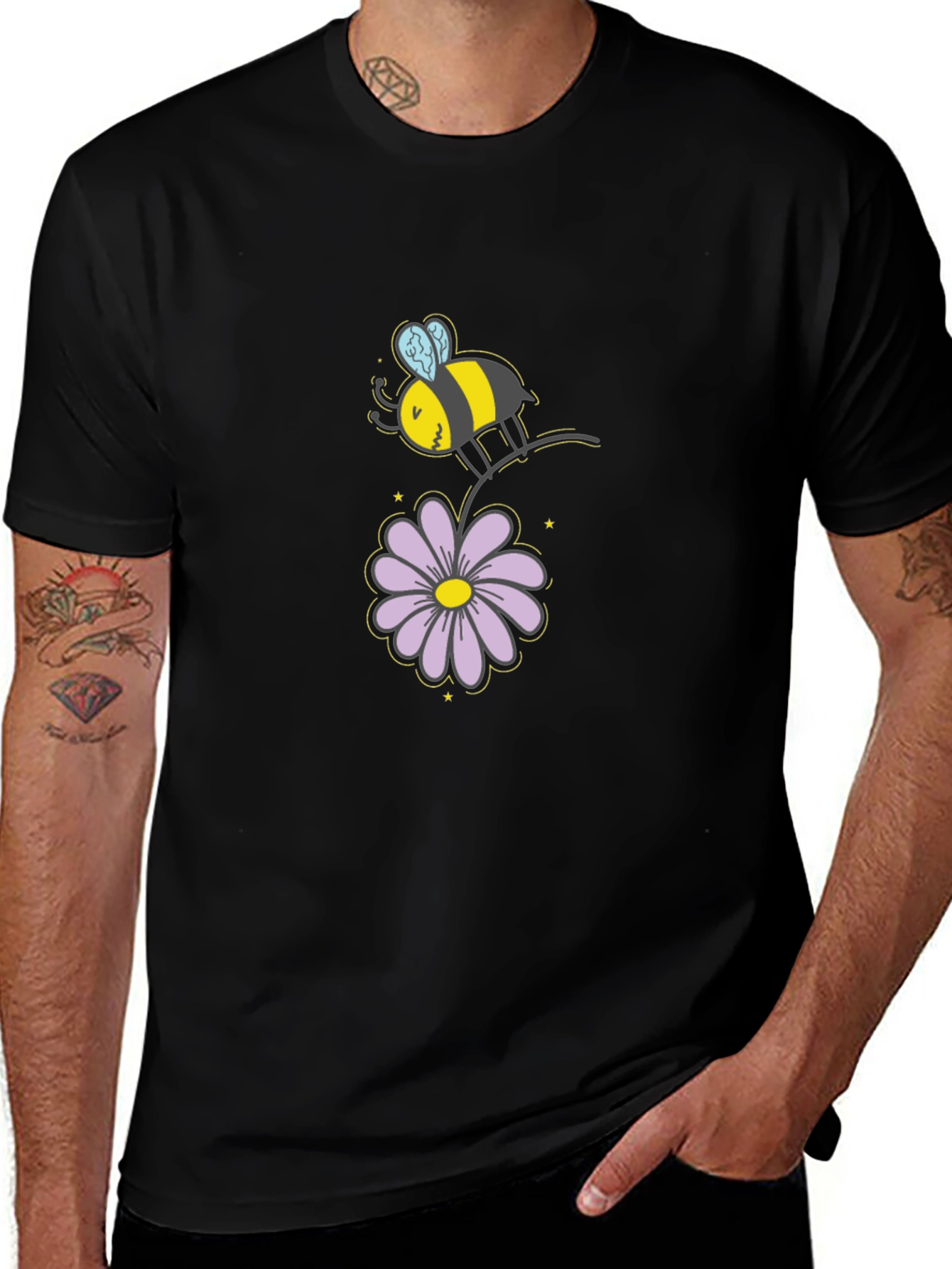 Bee and Flower Graphic T-Shirt - Black