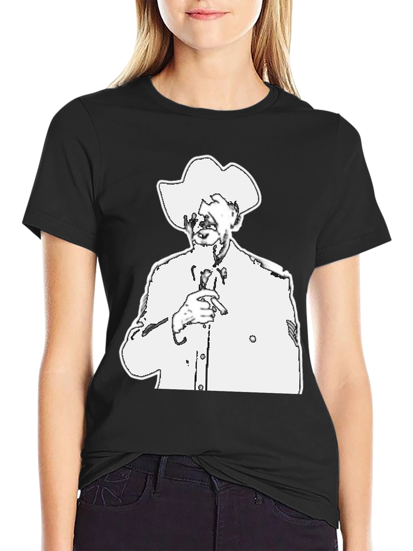 Black T-Shirt with White Cowboy Illustration