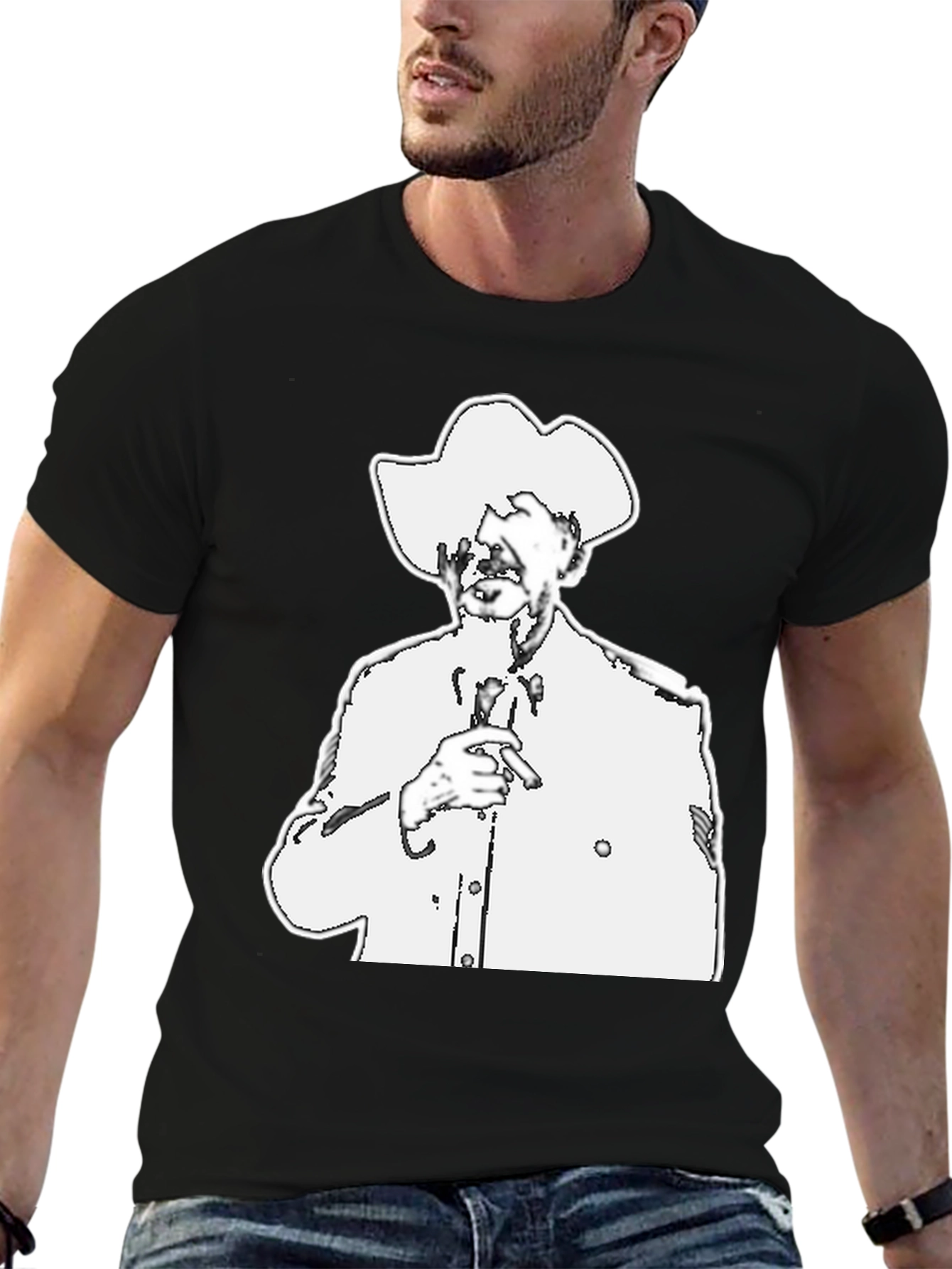 Black T-Shirt with White Cowboy Illustration