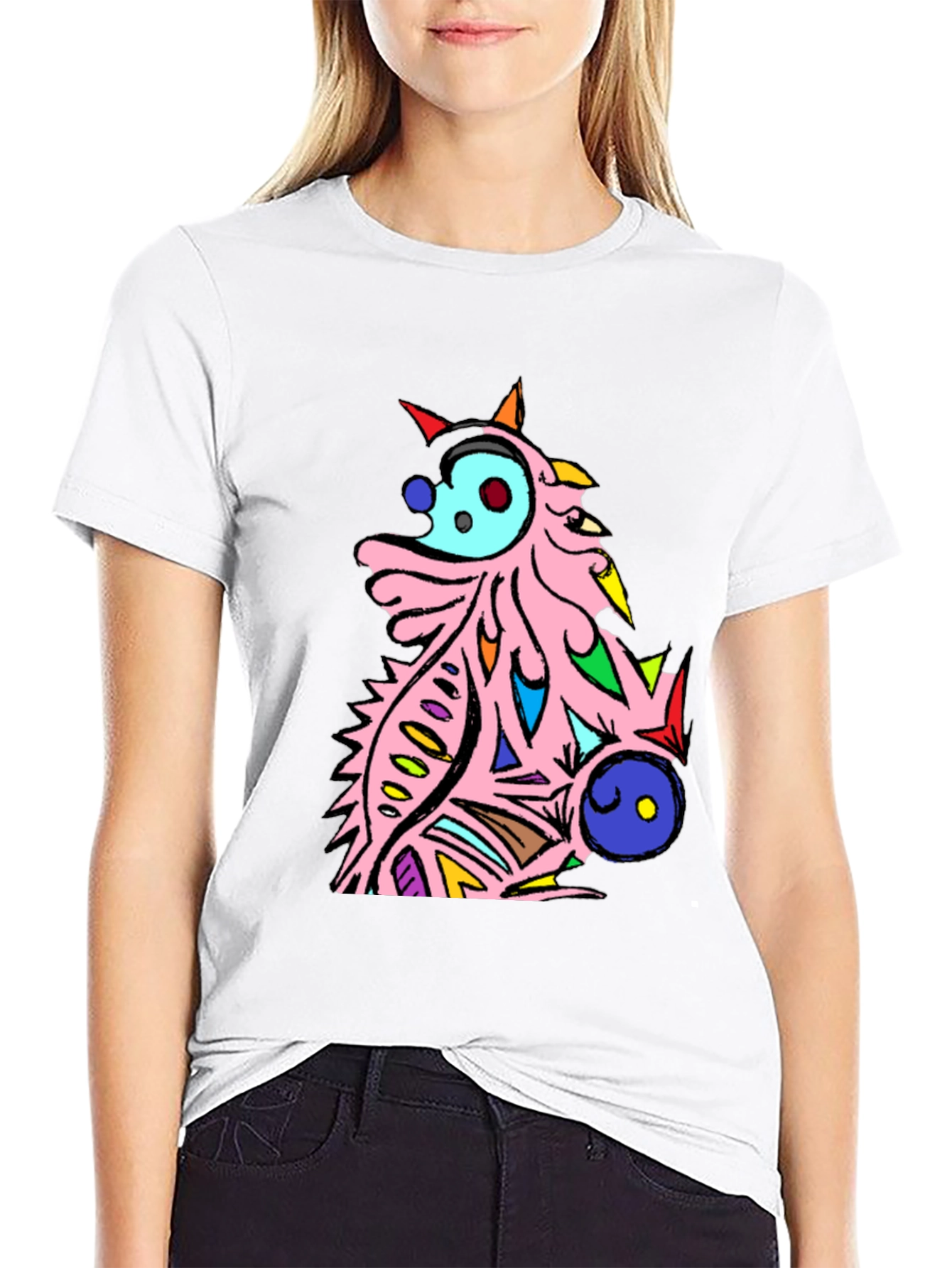 Abstract Cartoon Creature Graphic Tee - Black