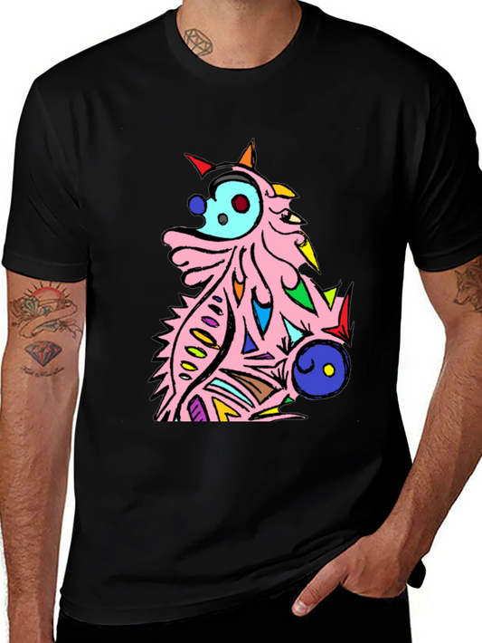 Abstract Cartoon Creature Graphic Tee - Black