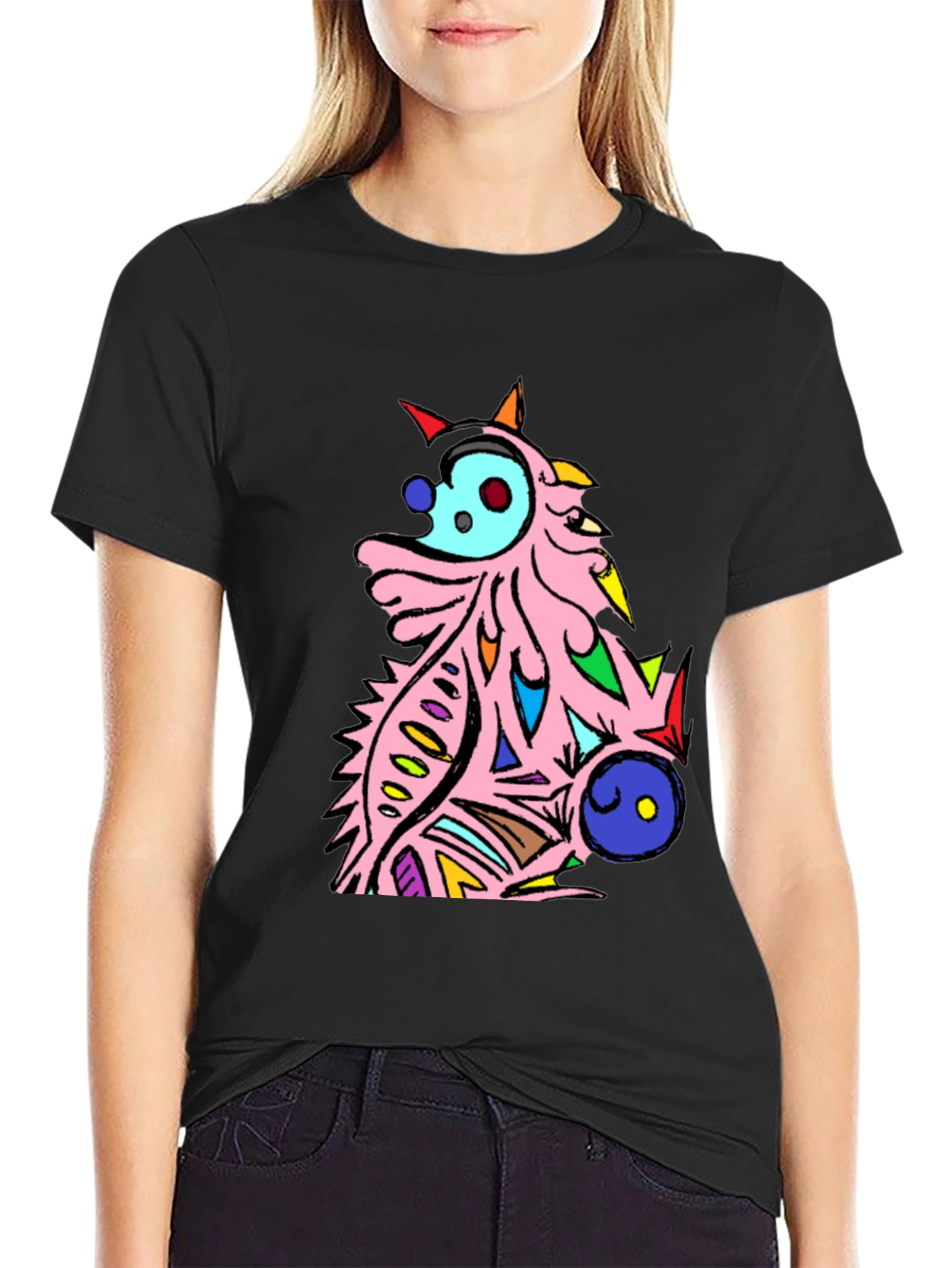 Abstract Cartoon Creature Graphic Tee - Black