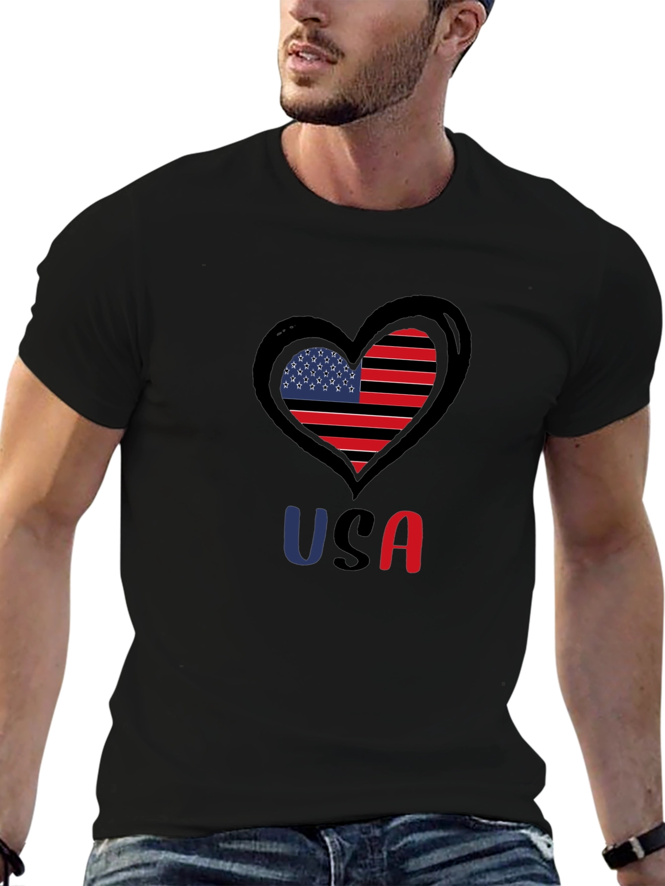 USA Heart Flag Graphic Tee - Patriotic Black T-Shirt