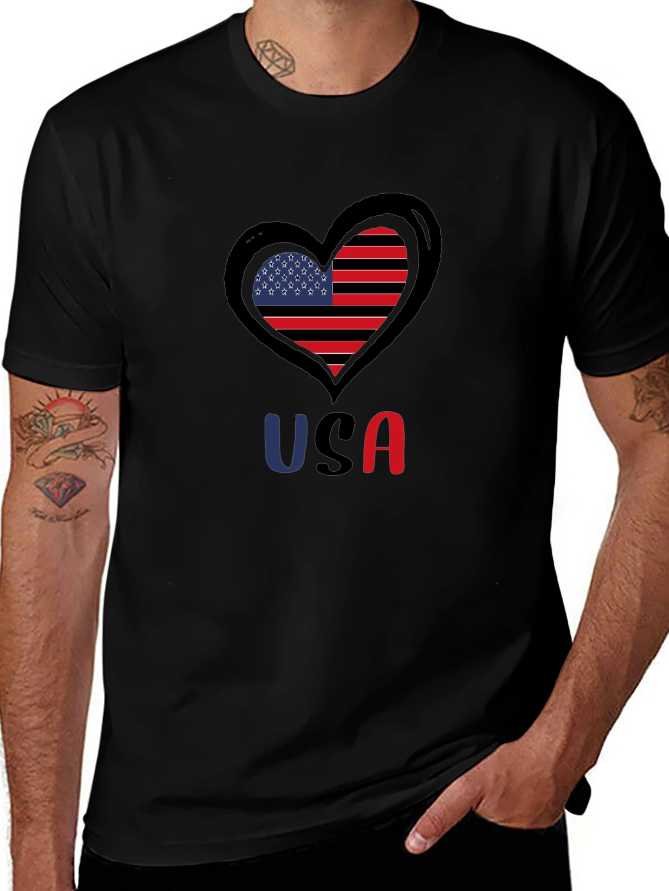 USA Heart Flag Graphic Tee - Patriotic Black T-Shirt
