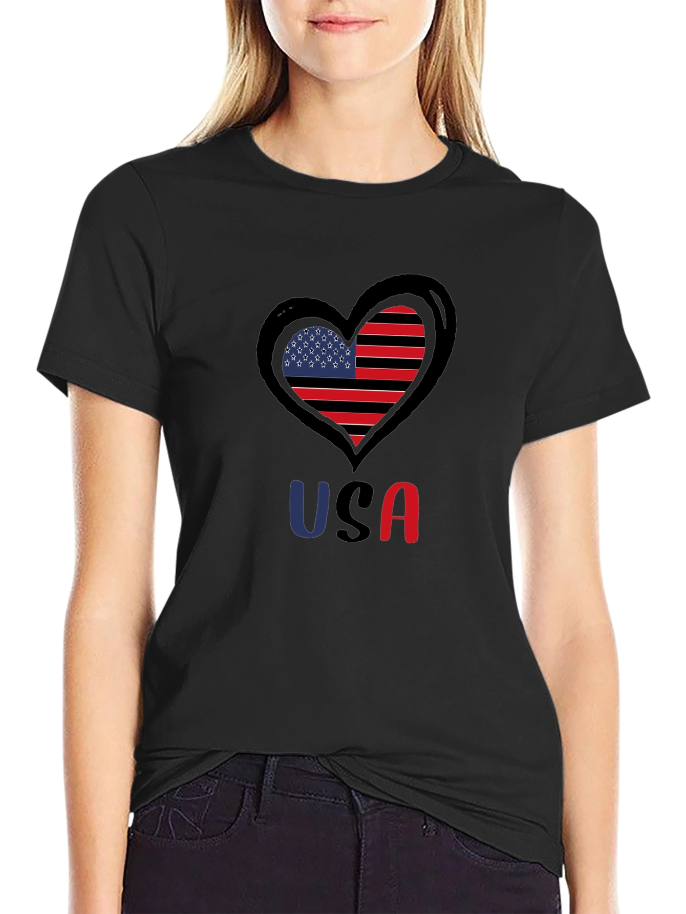 USA Heart Flag Graphic Tee - Patriotic Black T-Shirt