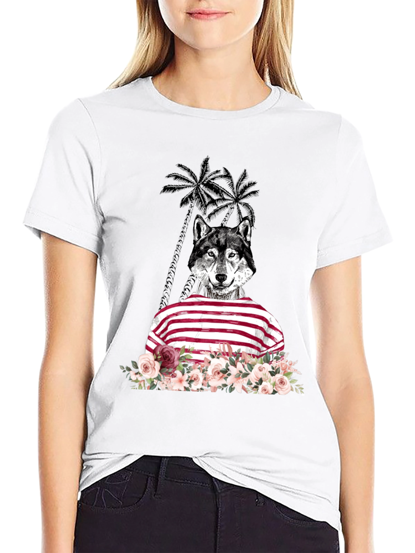 Wolf in Stripes Floral T-Shirt