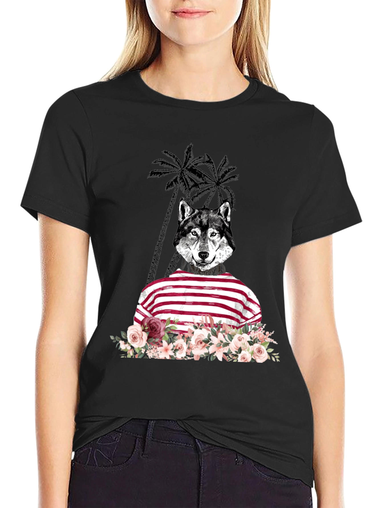 Wolf in Stripes Floral T-Shirt