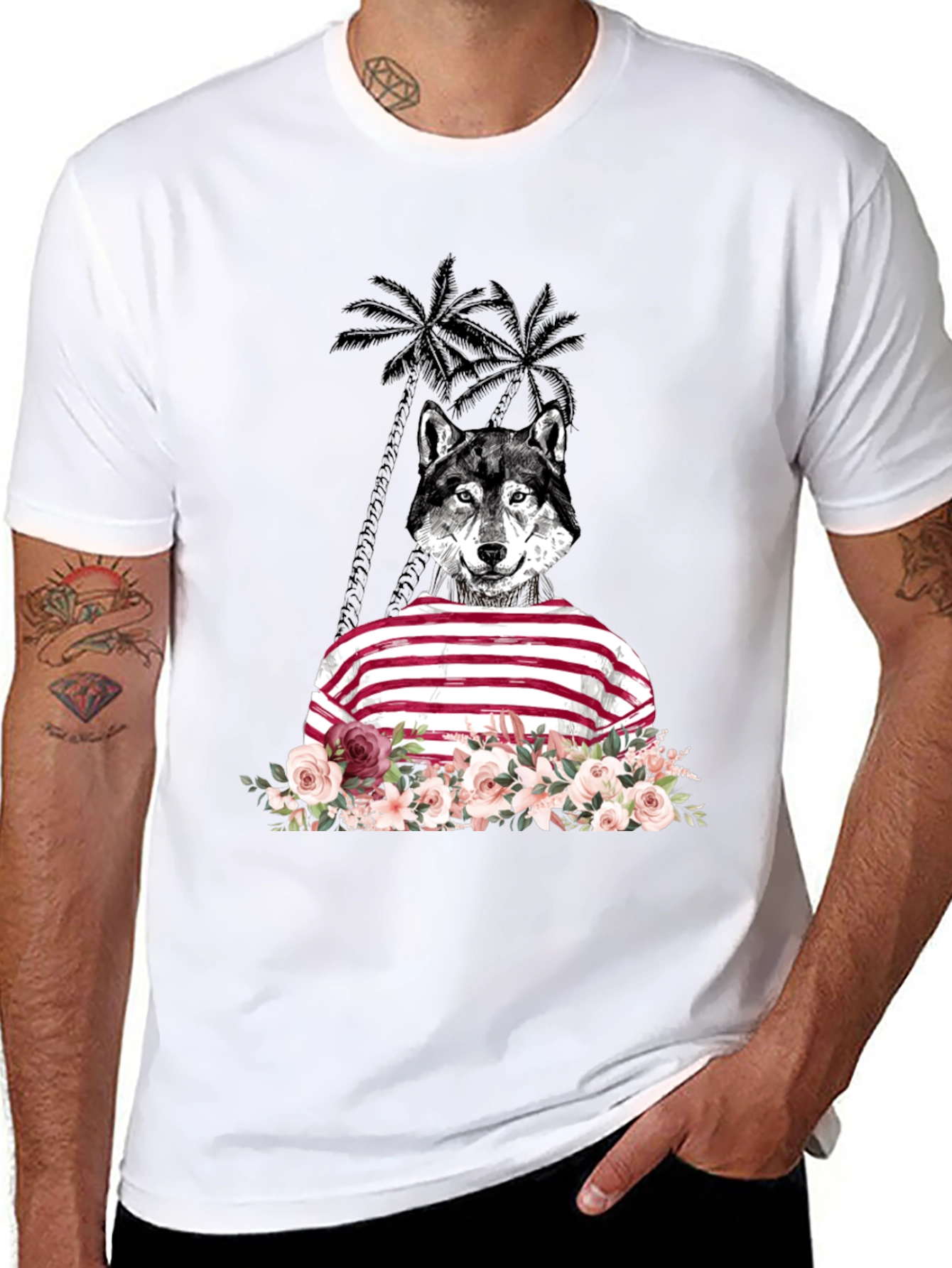 Wolf in Stripes Floral T-Shirt