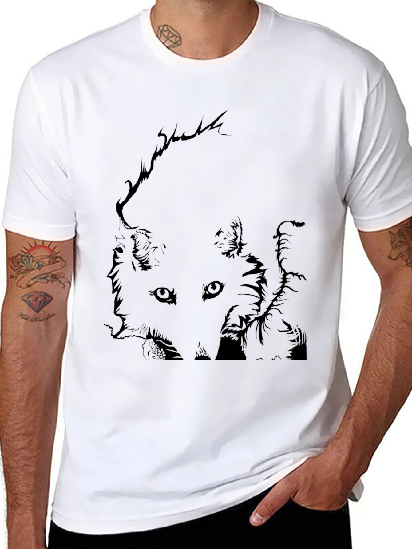 Black T-Shirt with Fox Graphic Print for Men