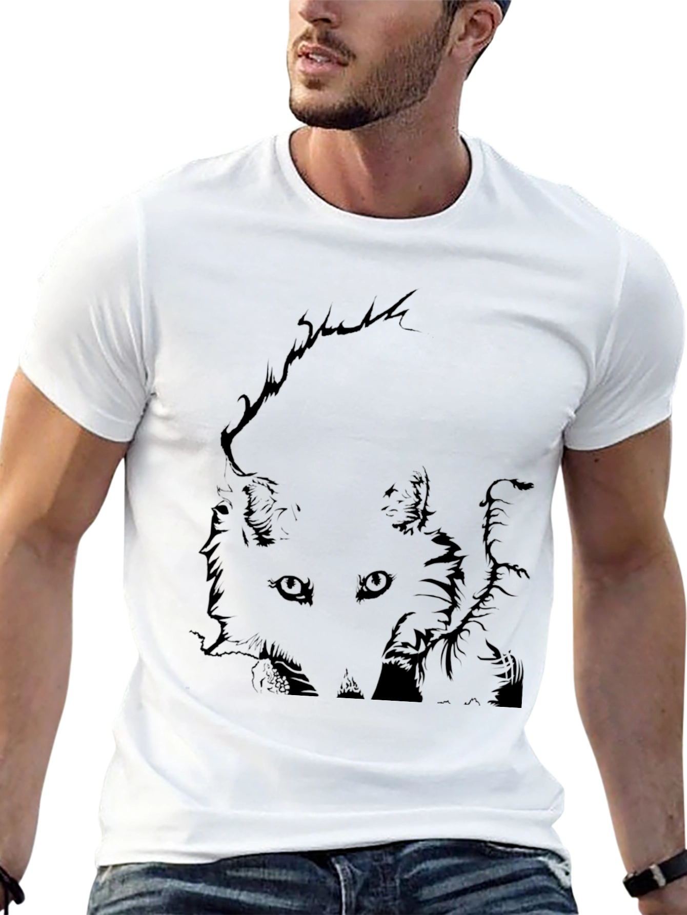 Black T-Shirt with Fox Graphic Print for Men