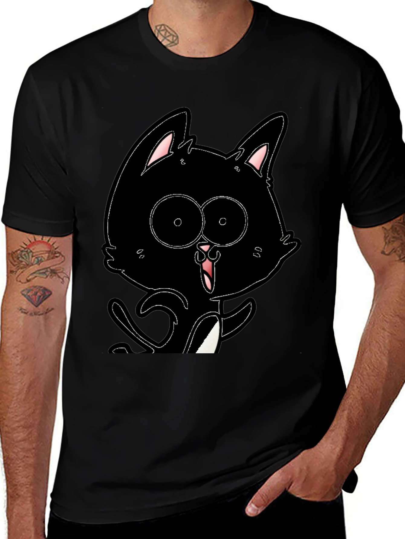Black Cat Cartoon T-Shirt - Mens Graphic Tee