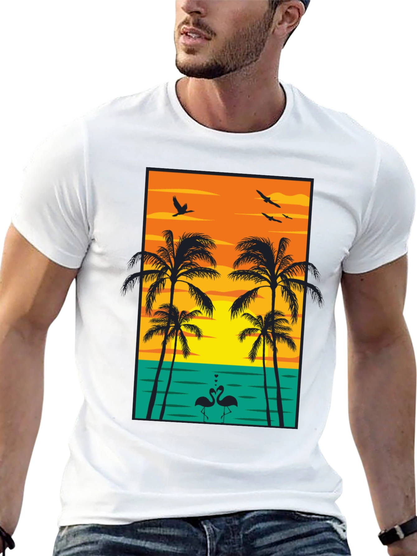 Tropical Sunset Graphic Tee - Palm Trees and Flamingos