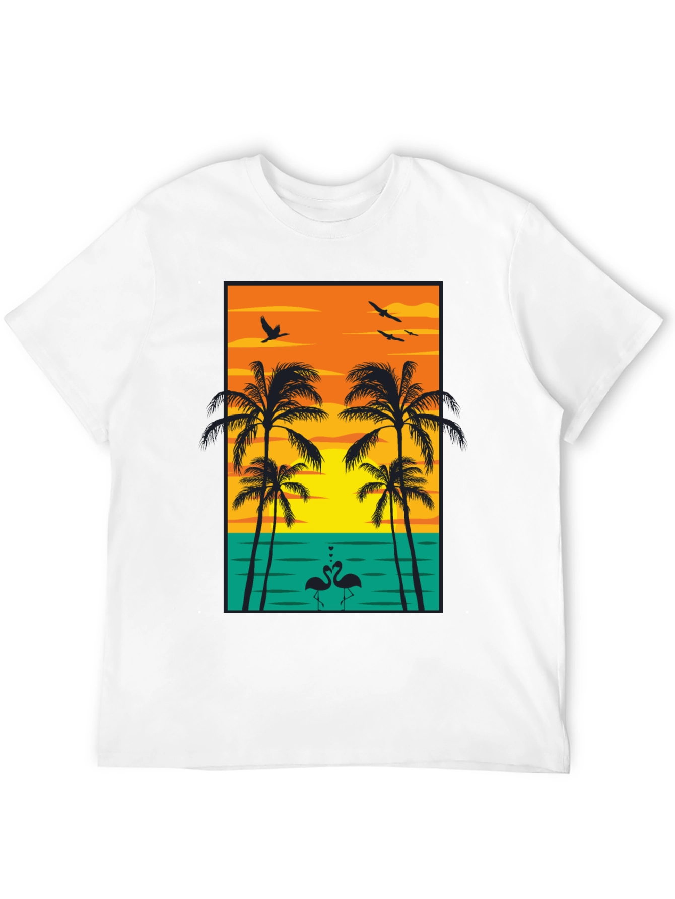Tropical Sunset Graphic Tee - Palm Trees and Flamingos