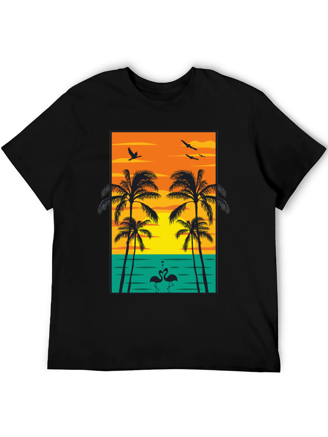 Tropical Sunset Graphic Tee - Palm Trees and Flamingos