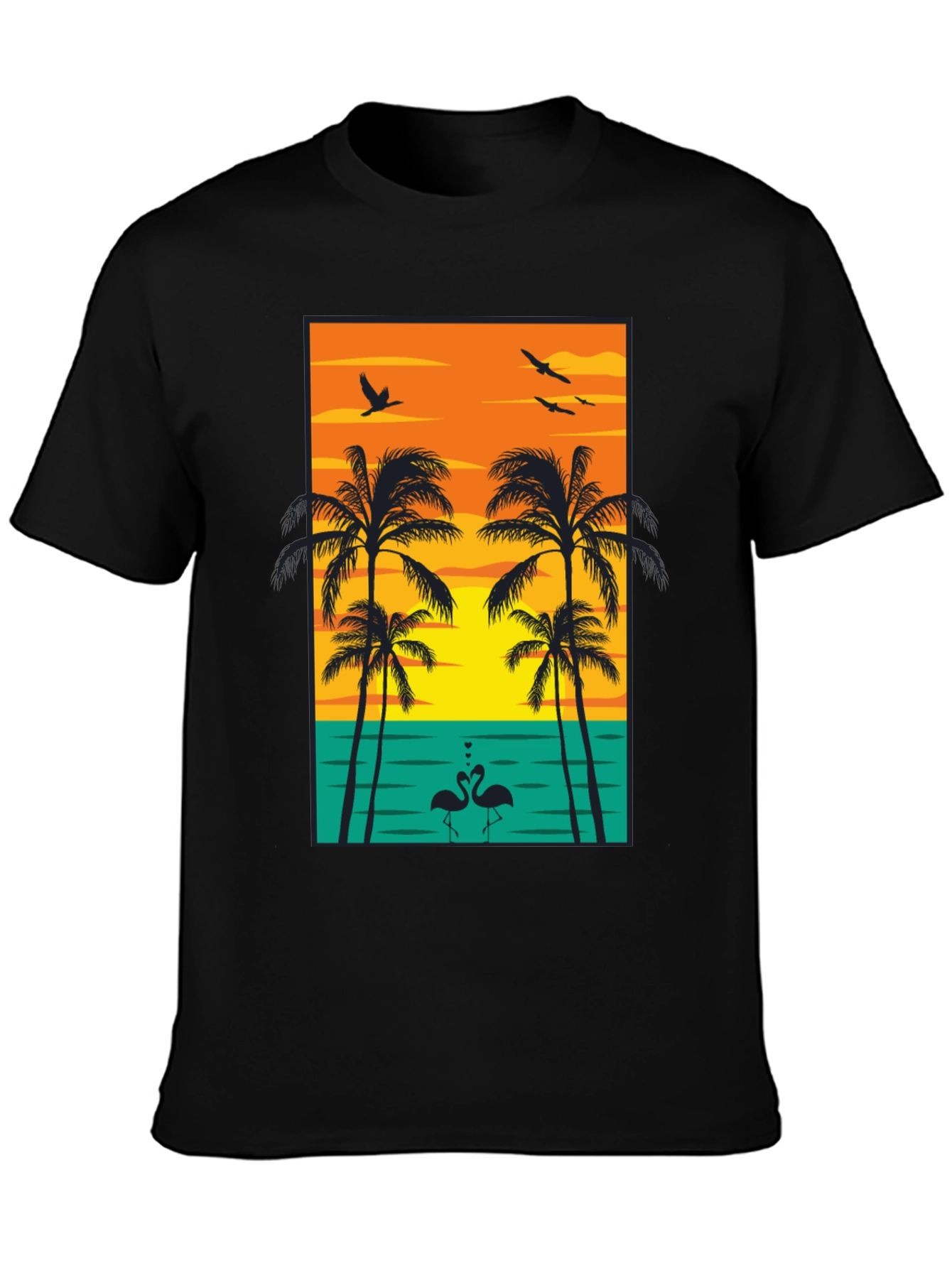 Tropical Sunset Graphic Tee - Palm Trees and Flamingos