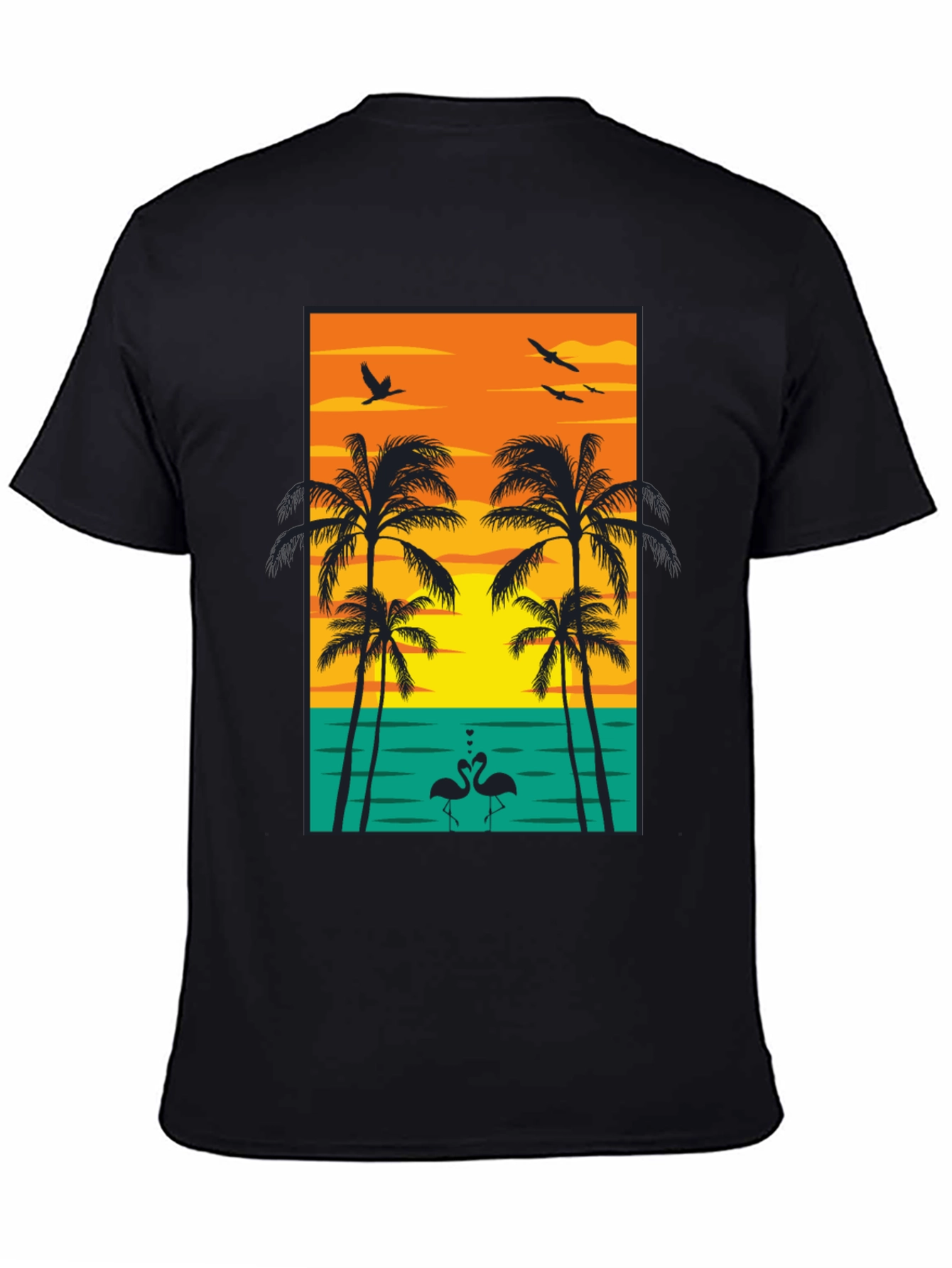 Tropical Sunset Graphic Tee - Palm Trees and Flamingos