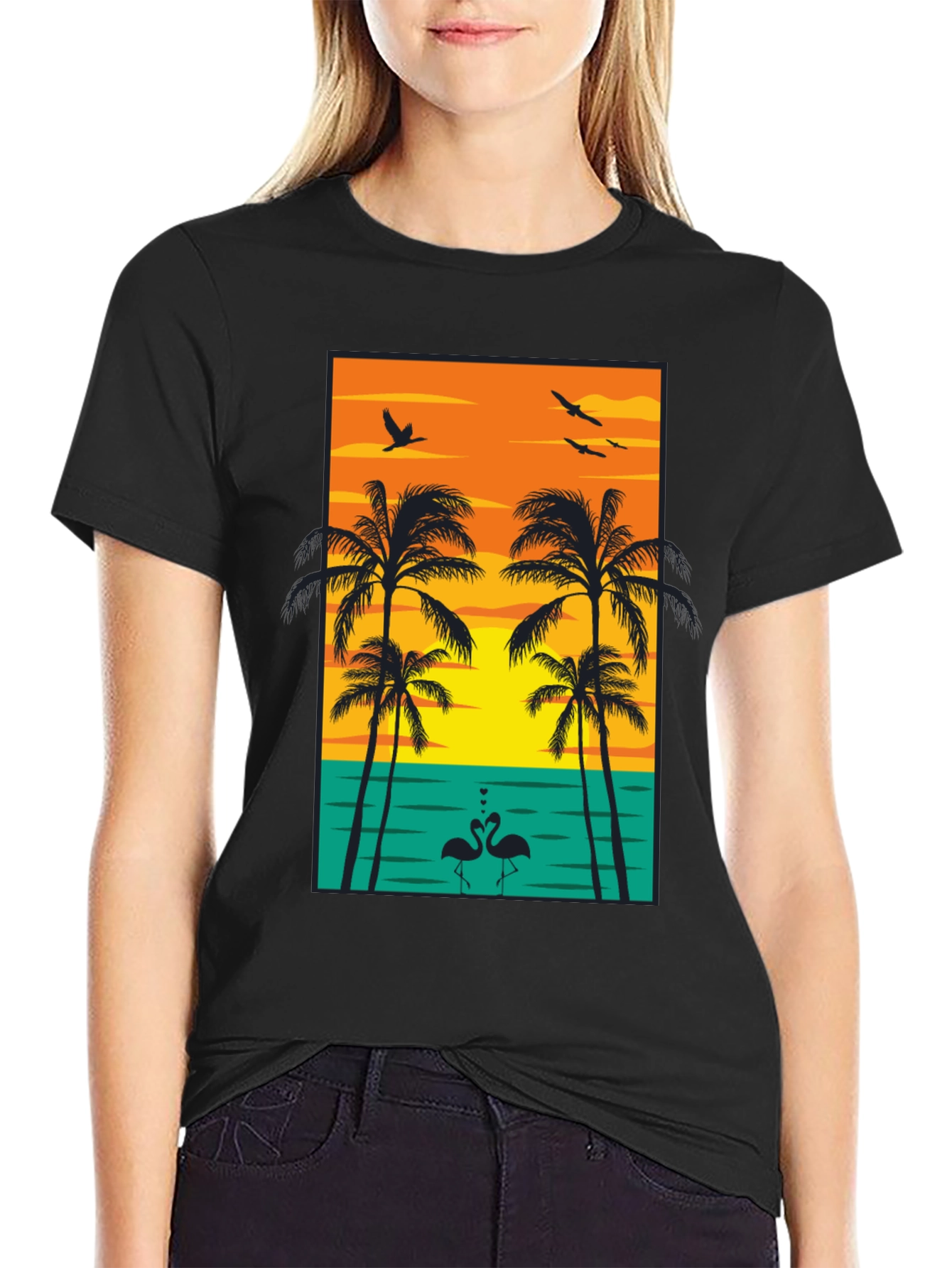 Tropical Sunset Graphic Tee - Palm Trees and Flamingos