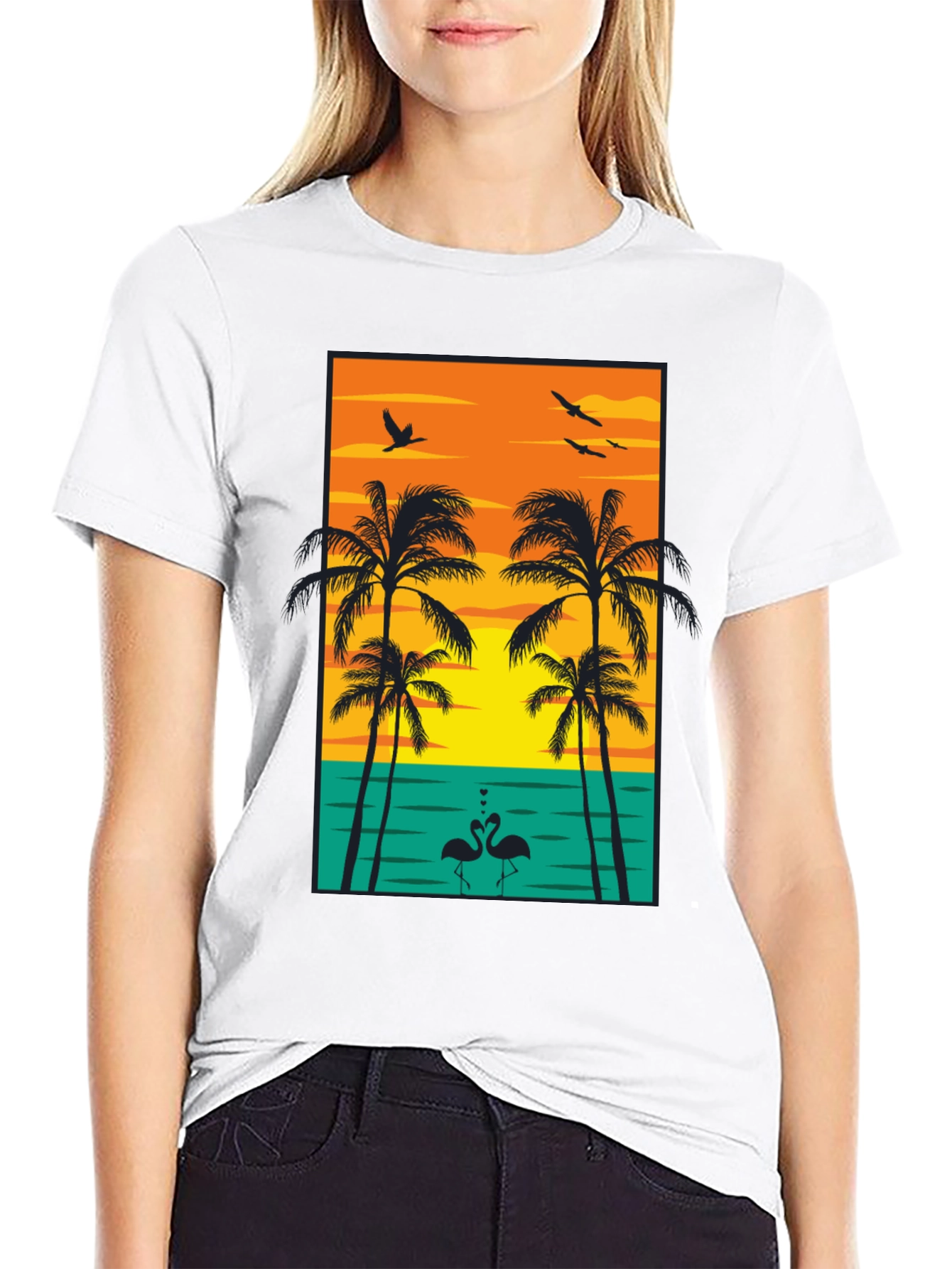 Tropical Sunset Graphic Tee - Palm Trees and Flamingos