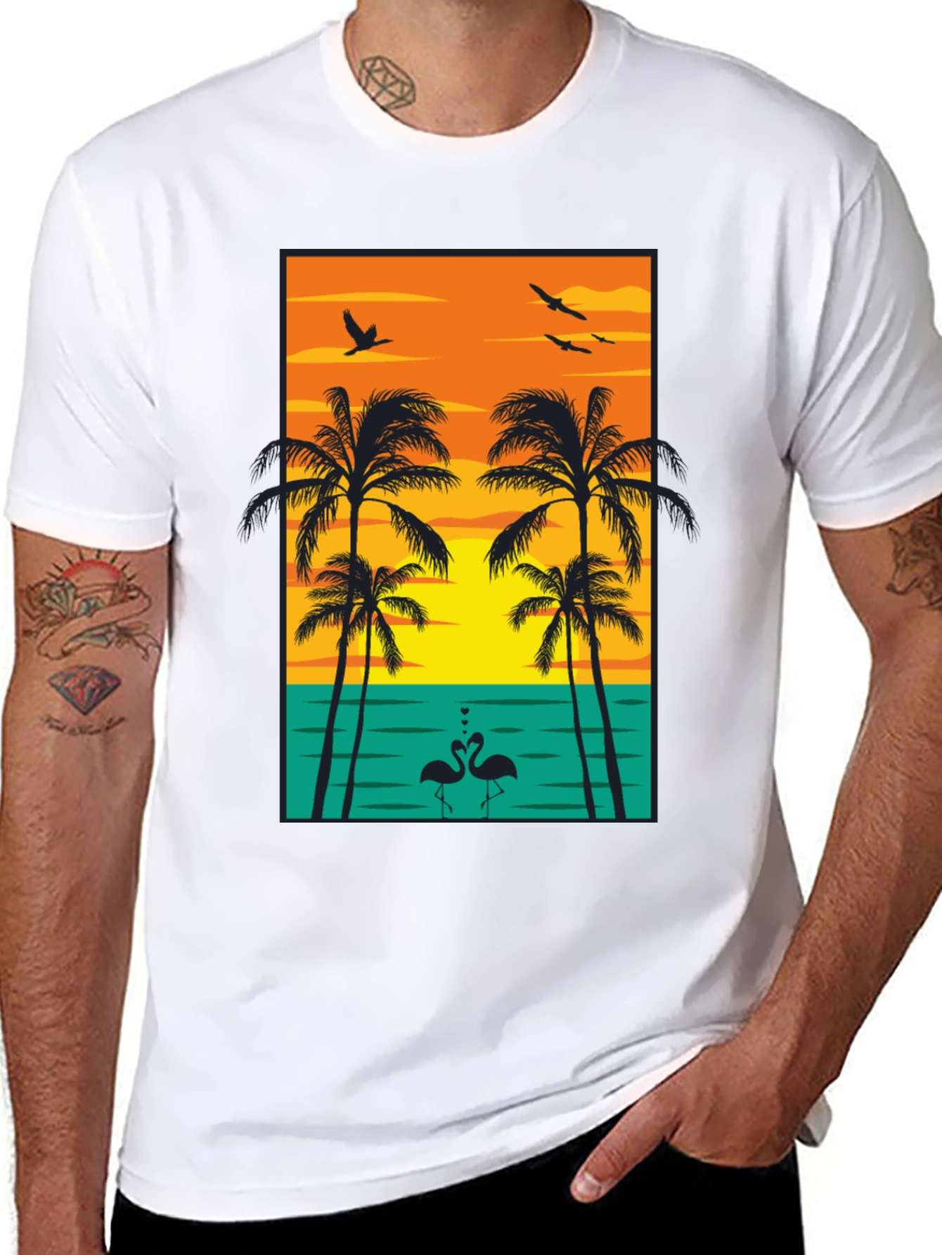 Tropical Sunset Graphic Tee - Palm Trees and Flamingos