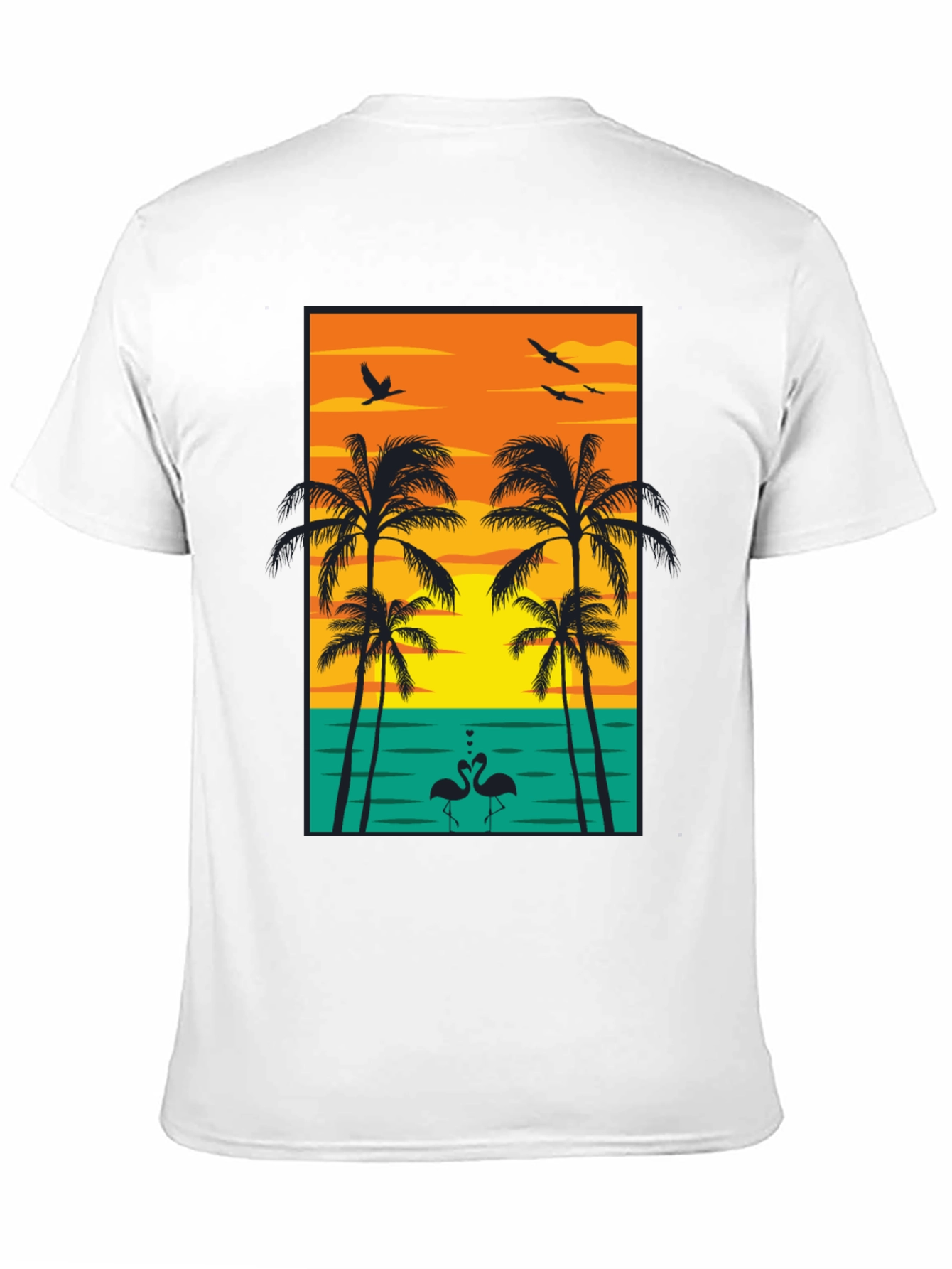 Tropical Sunset Graphic Tee - Palm Trees and Flamingos