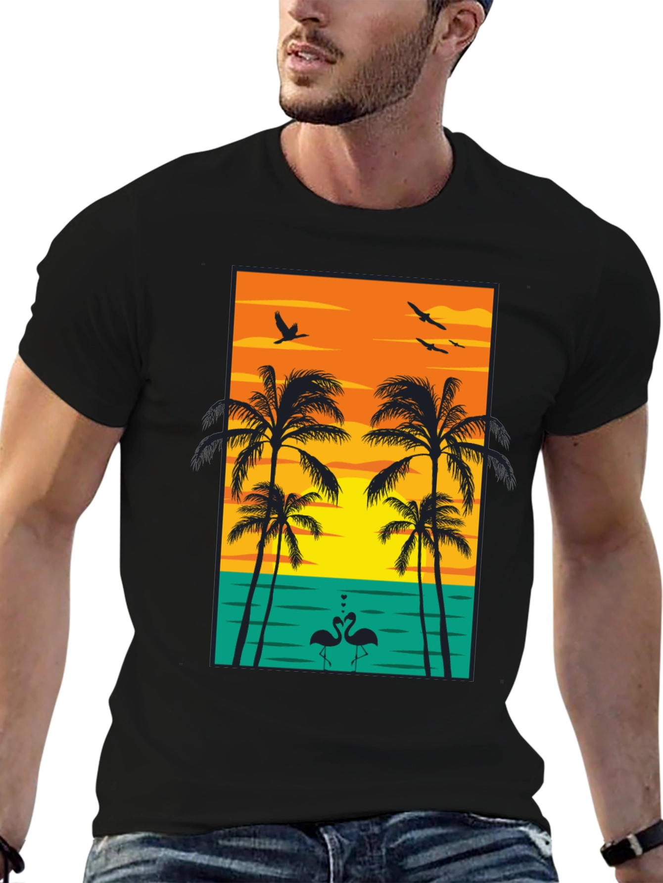 Tropical Sunset Graphic Tee - Palm Trees and Flamingos