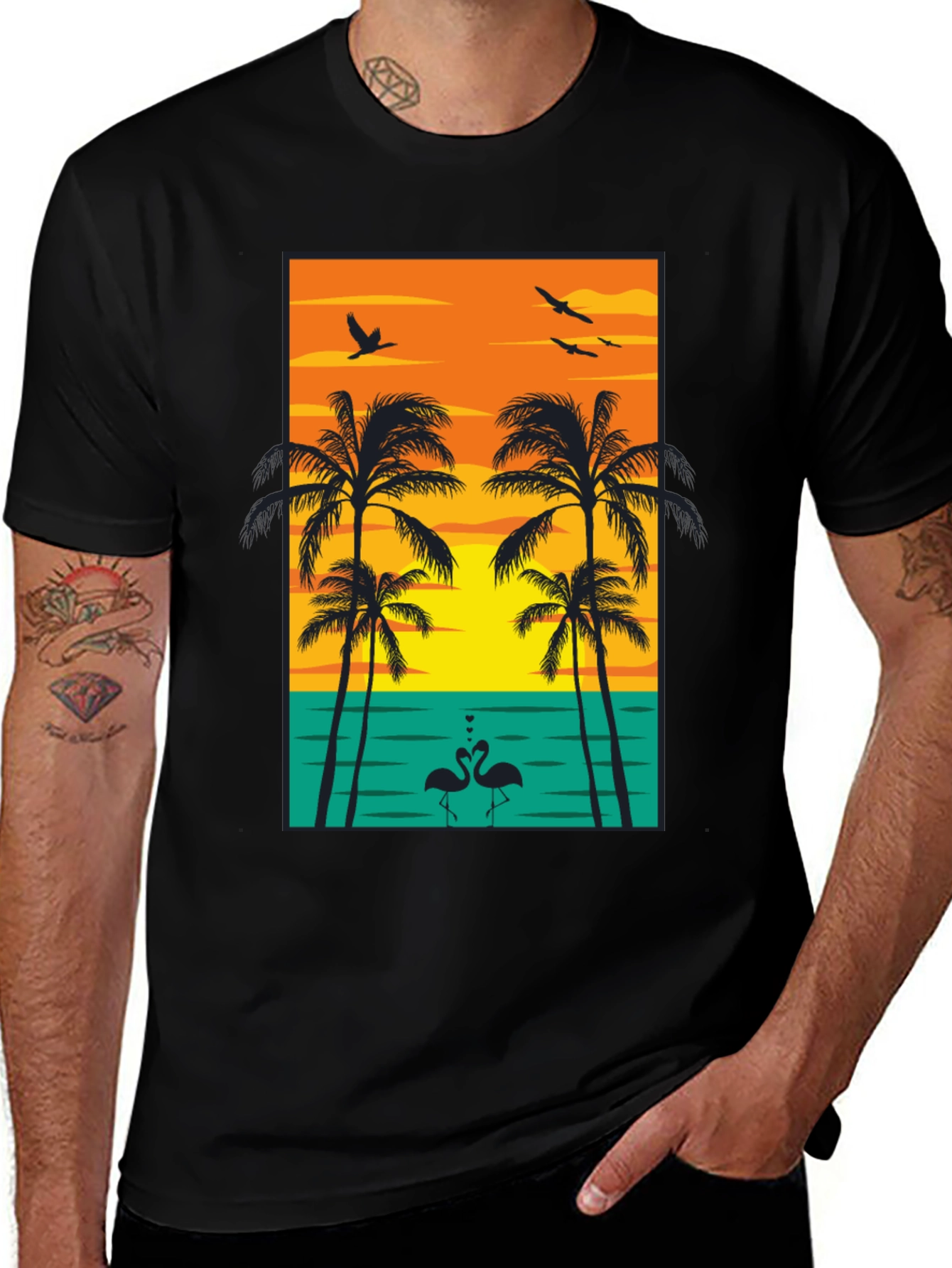 Tropical Sunset Graphic Tee - Palm Trees and Flamingos