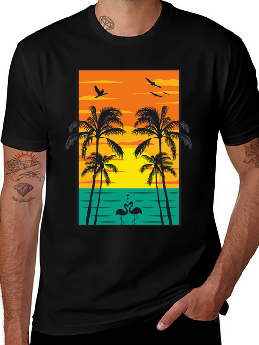 Tropical Sunset Graphic Tee - Palm Trees and Flamingos