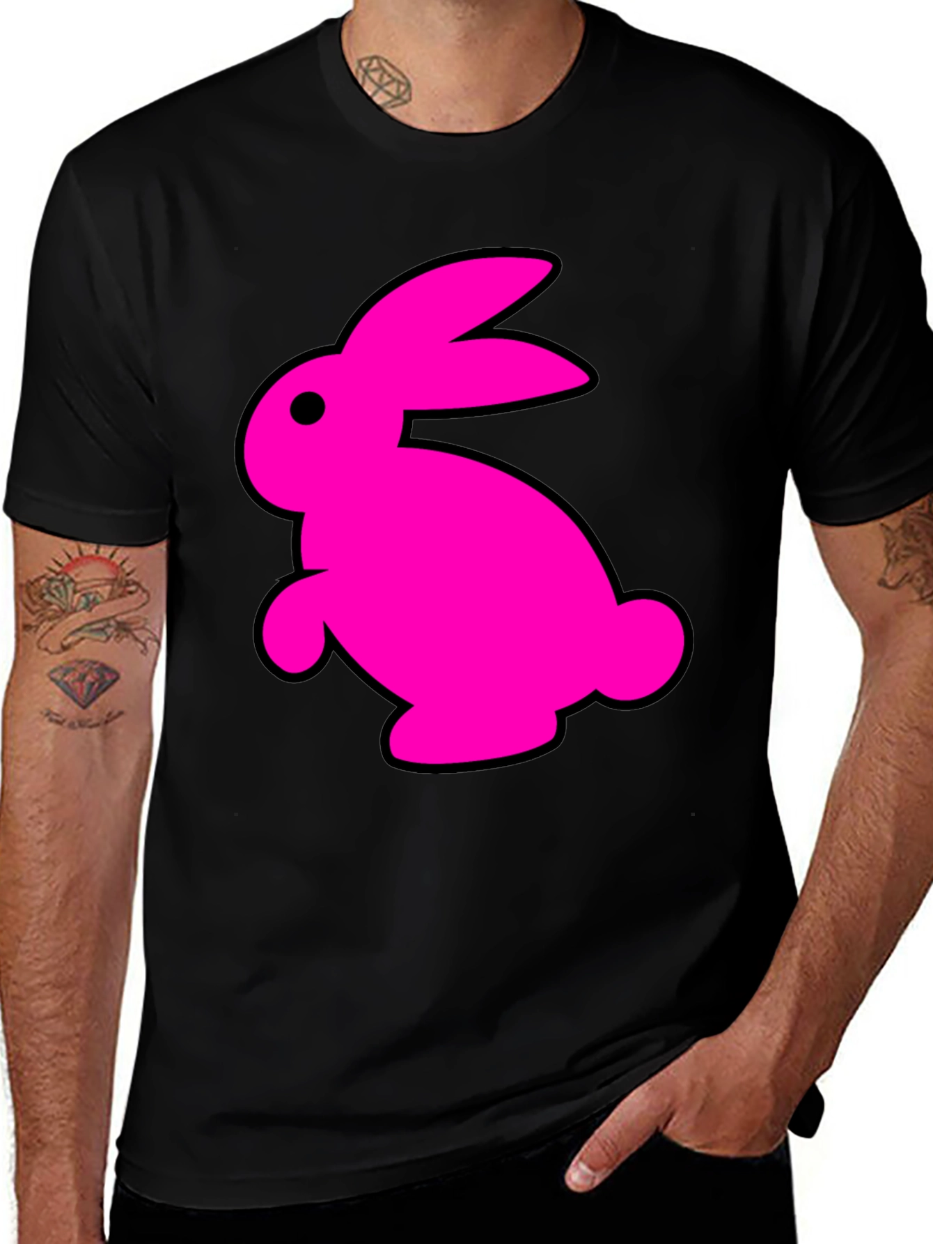 Black T-Shirt with Fun Pink Rabbit Graphic