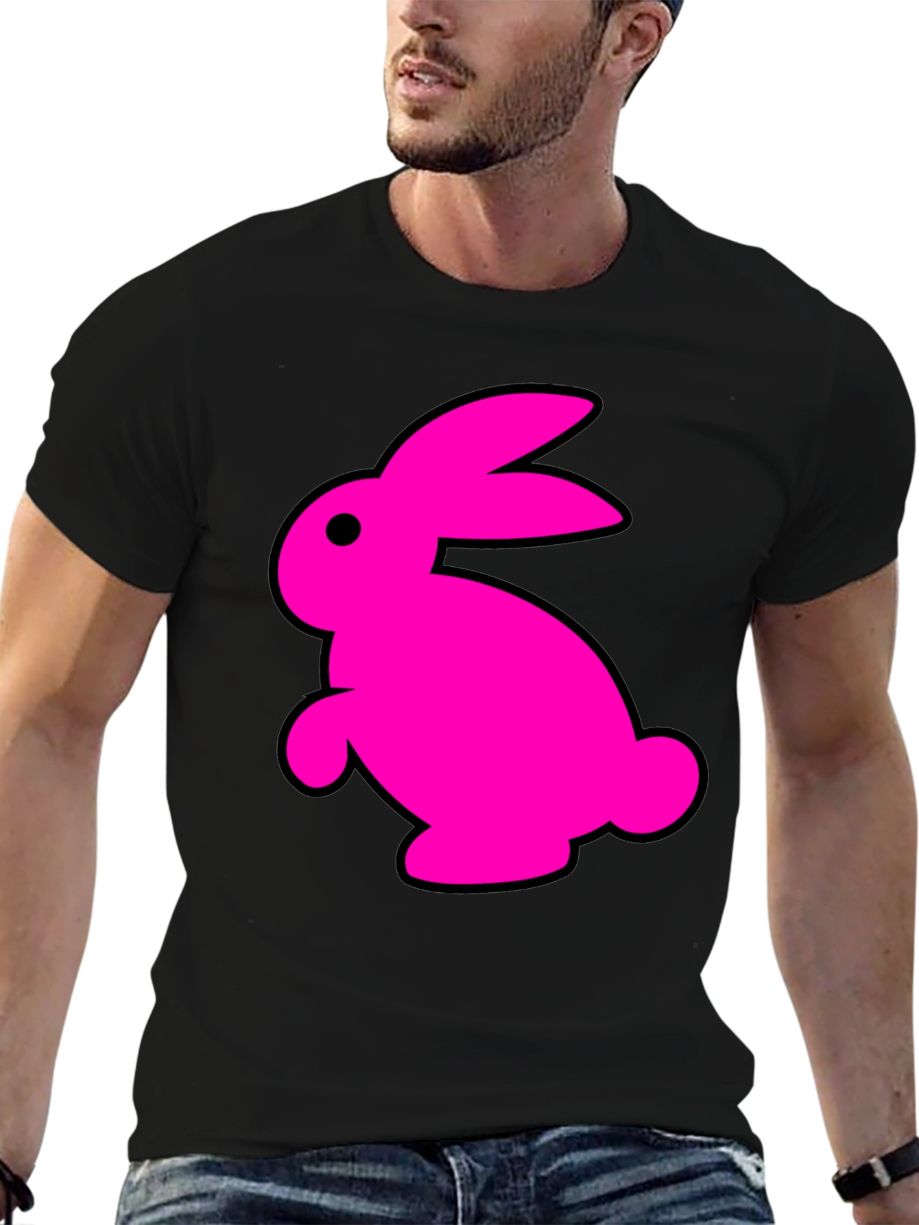 Black T-Shirt with Fun Pink Rabbit Graphic